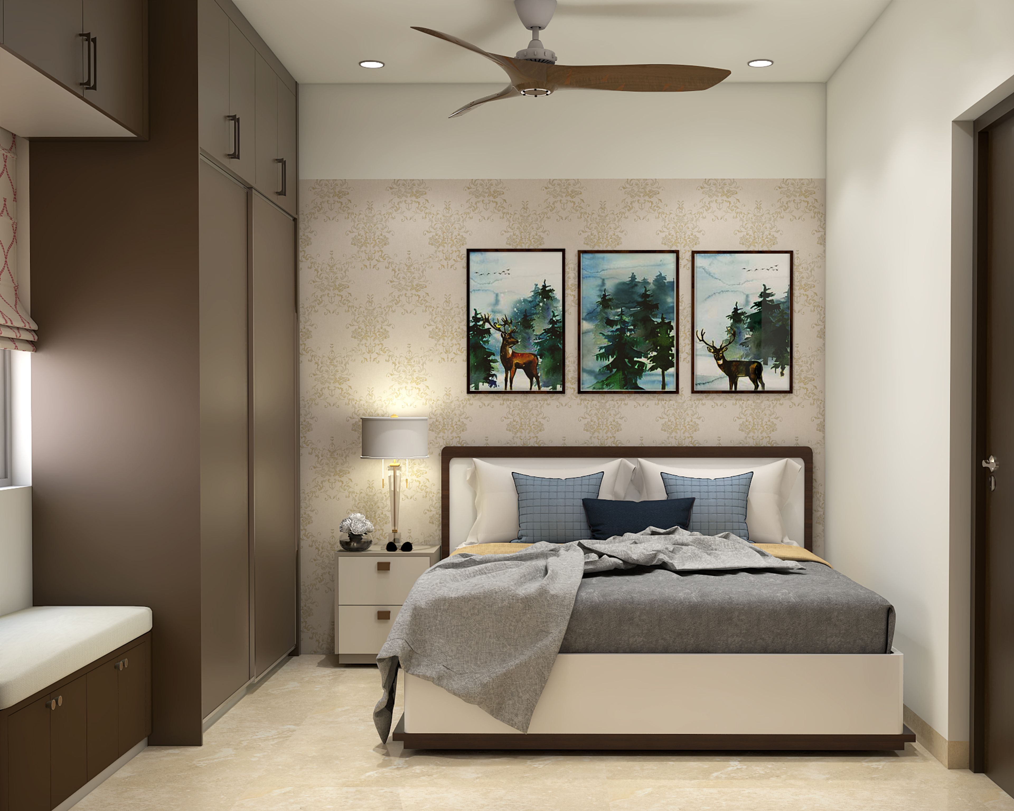 Spacious Guest Room With Brown and White Framed Bed - Livspace