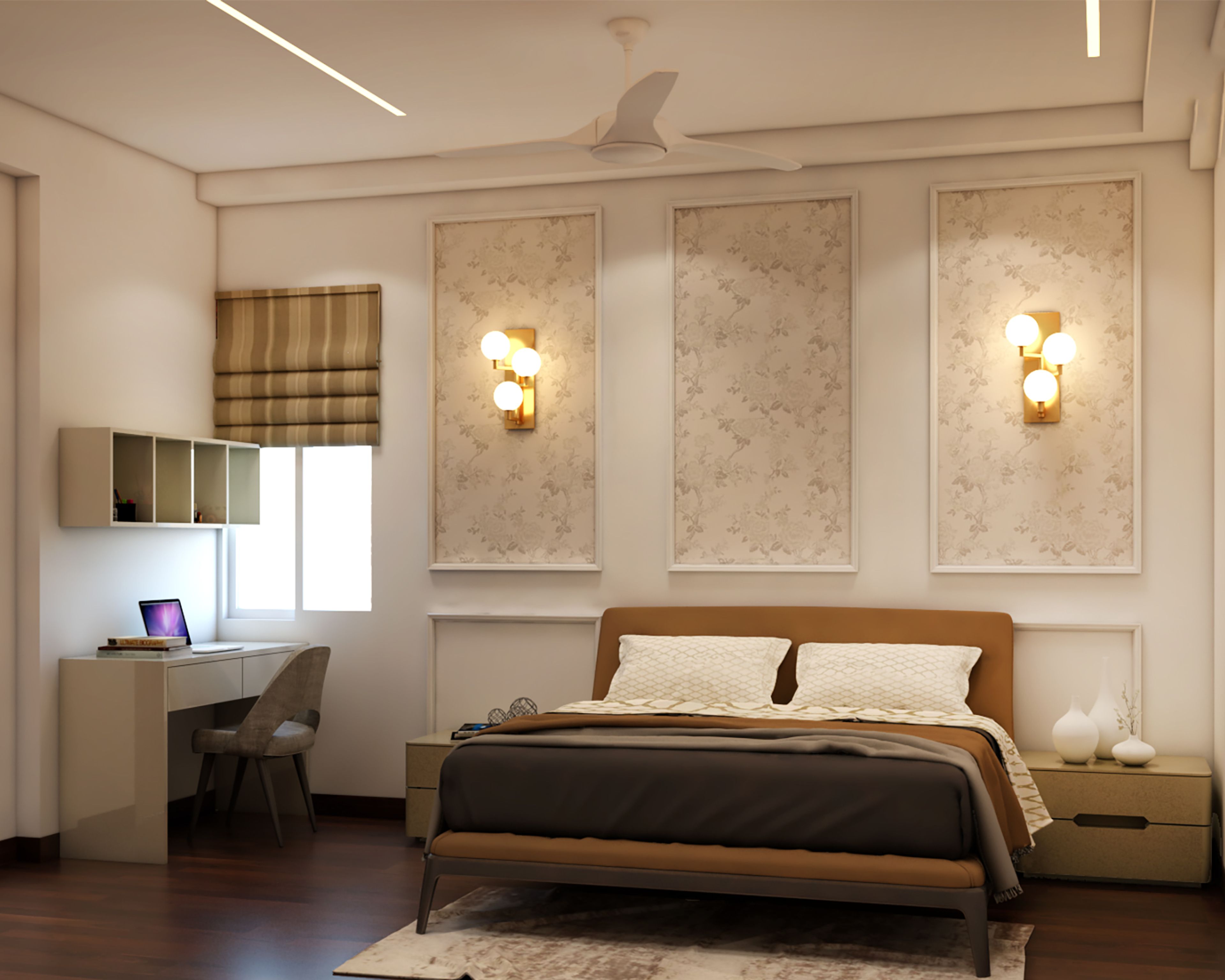 Classic Bedroom Design With A Floral Wallpaper And Wall Trims