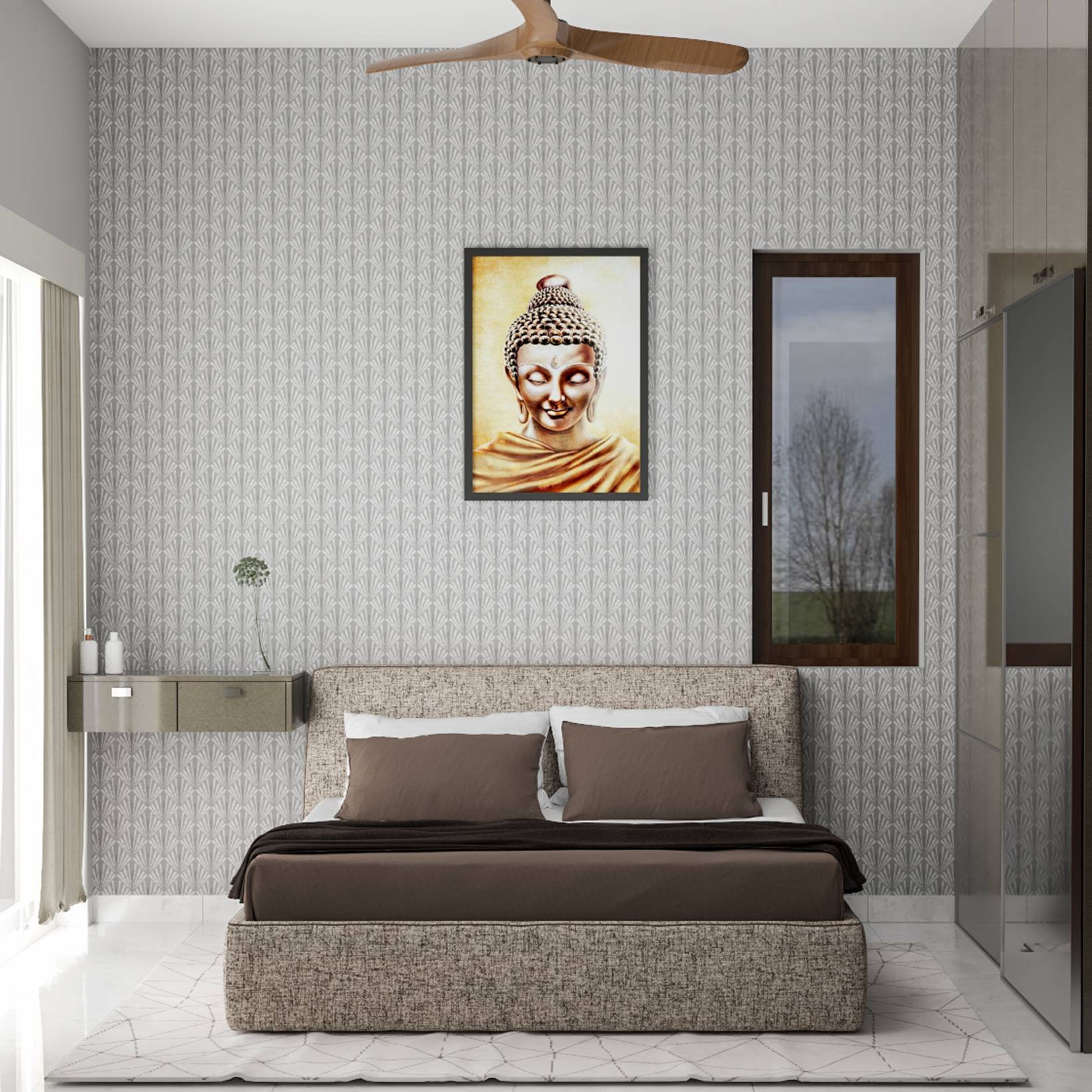 Modern Guest Room Design With Grey Abstract Wallpaper