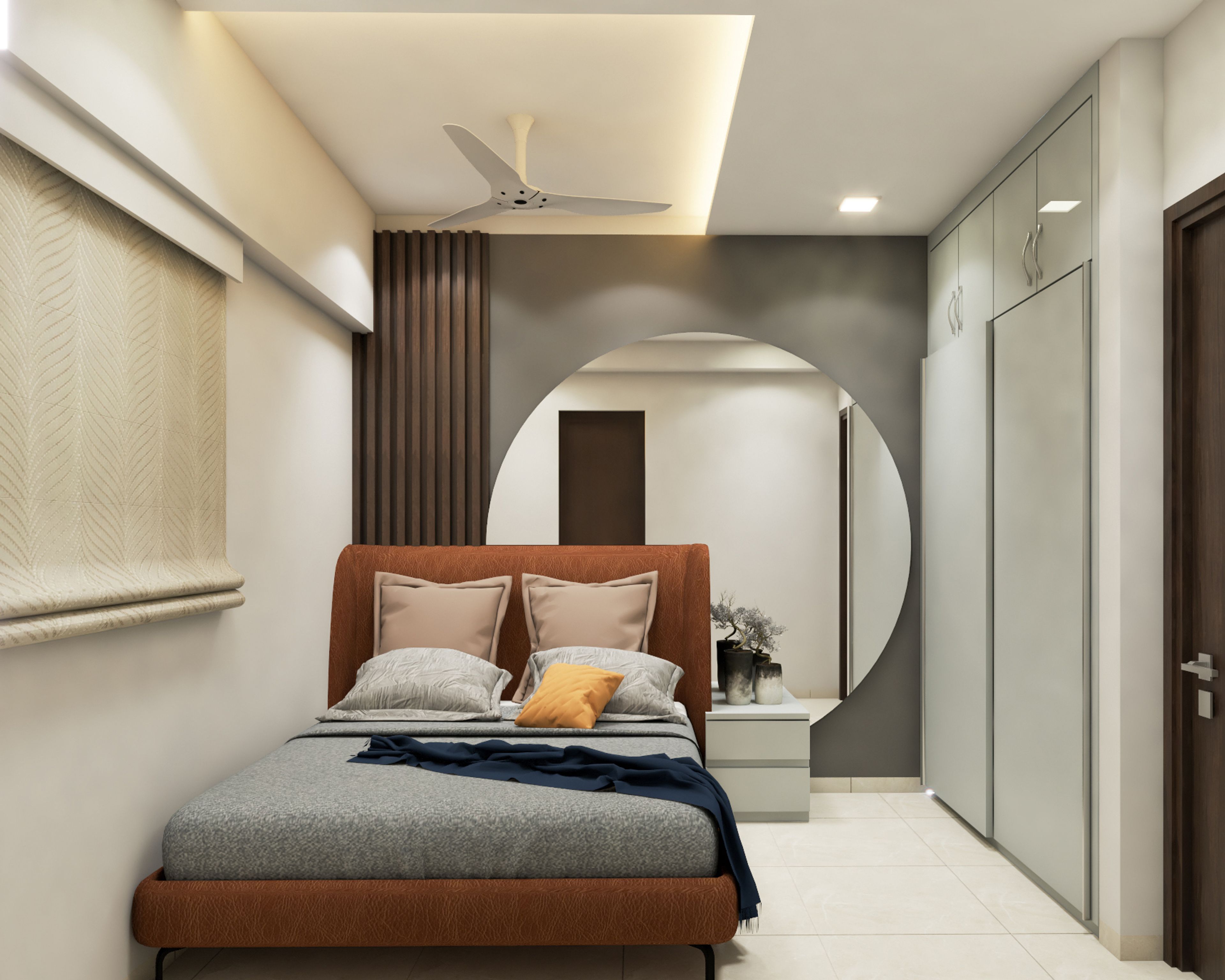 Modern Guest Bedroom With Rround Mirror And Tall Rafters - Livspace