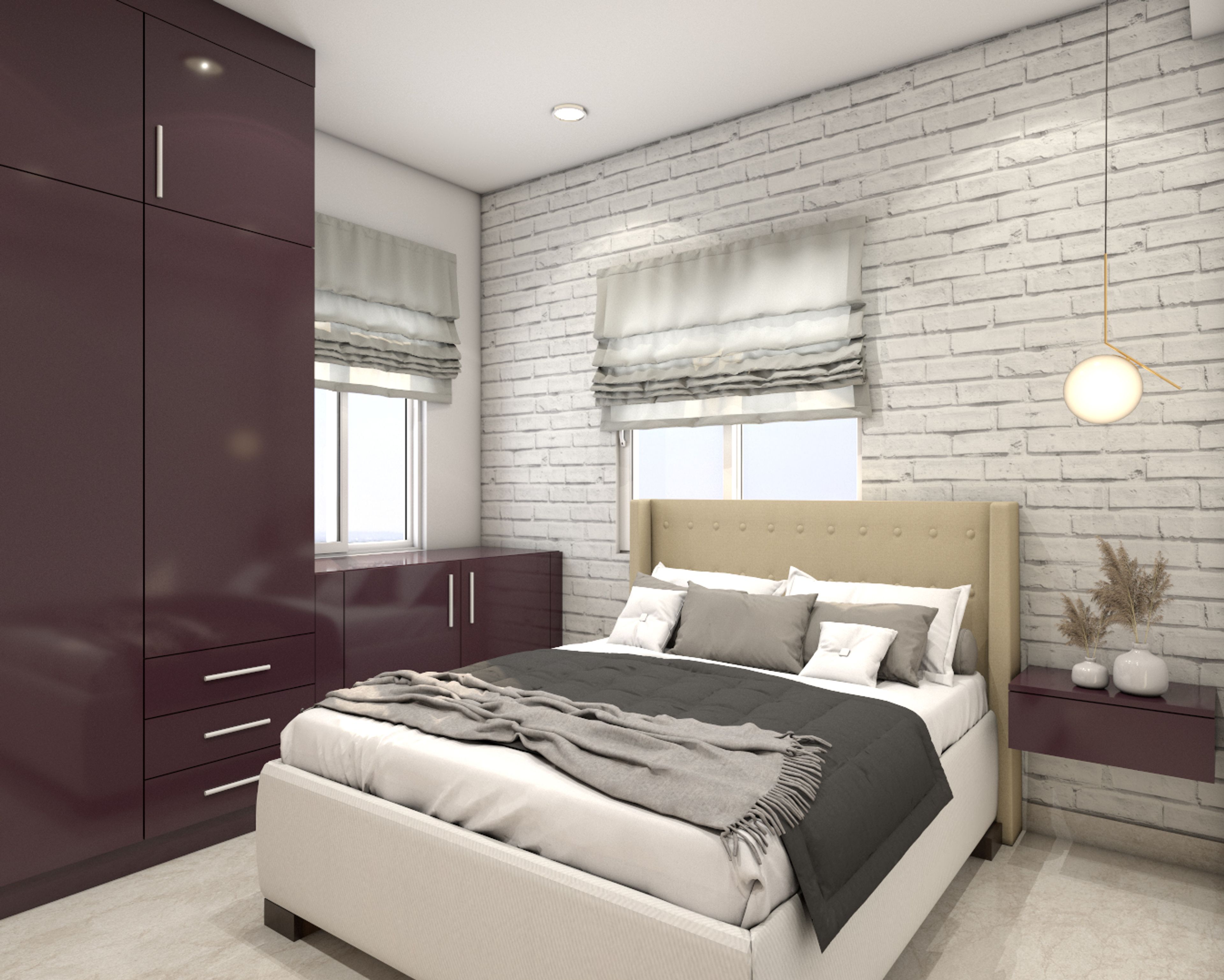 Contemporary Guest Bedroom Design With Glossy Purple Storage Units