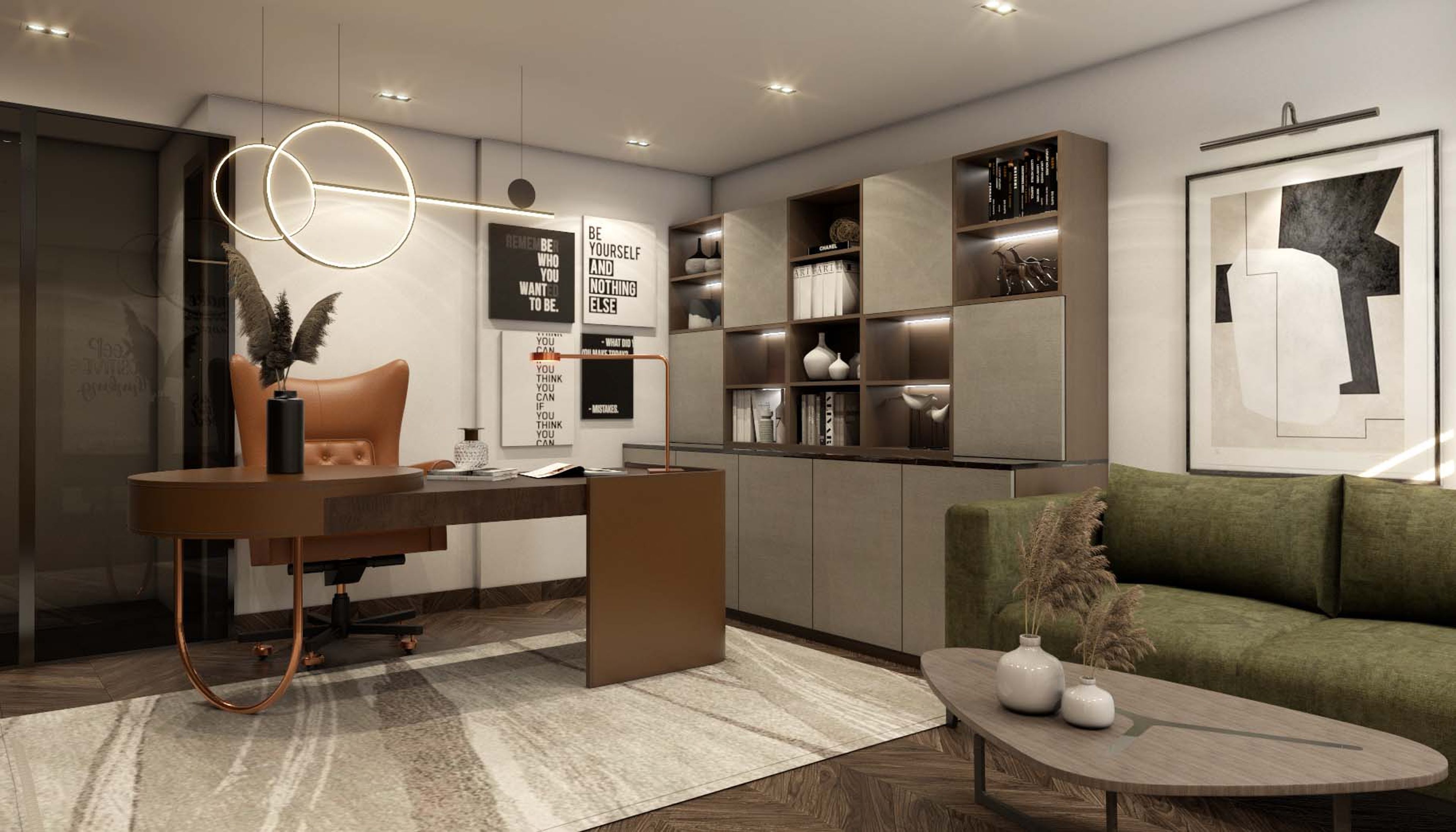 Industrial Brown Home Office Design With Innovative Lighting