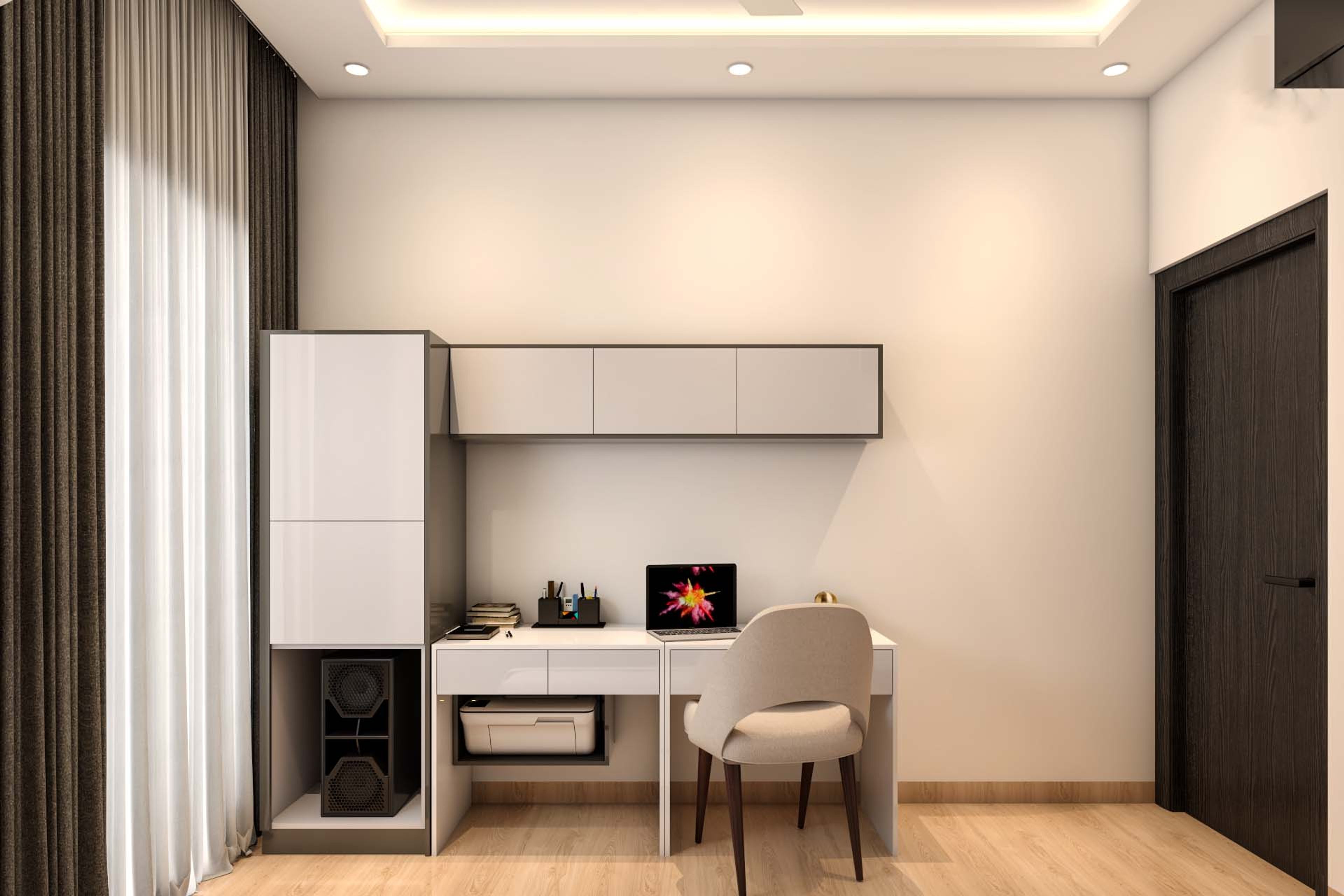 White And Dark Grey Home Office Design With Cabinets For Two