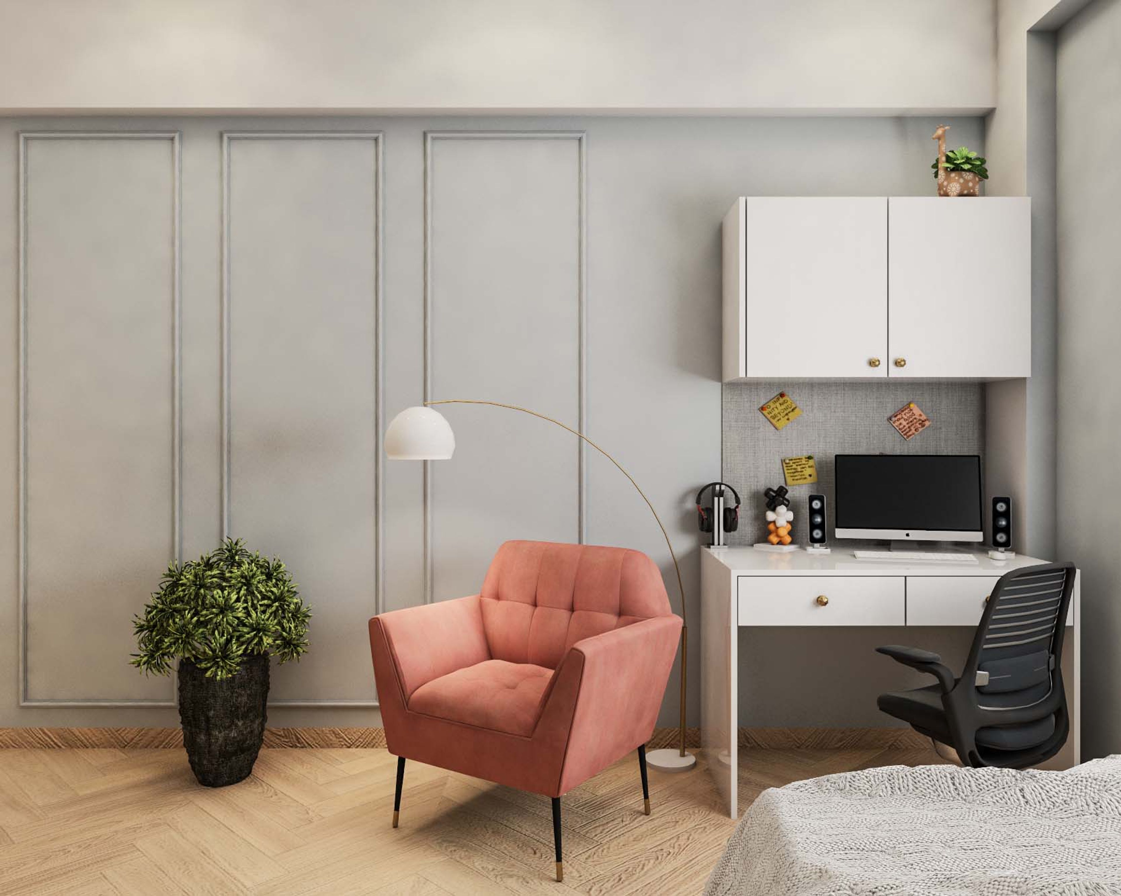 Modern Home Office Design With White Study And Pink Accent Chair