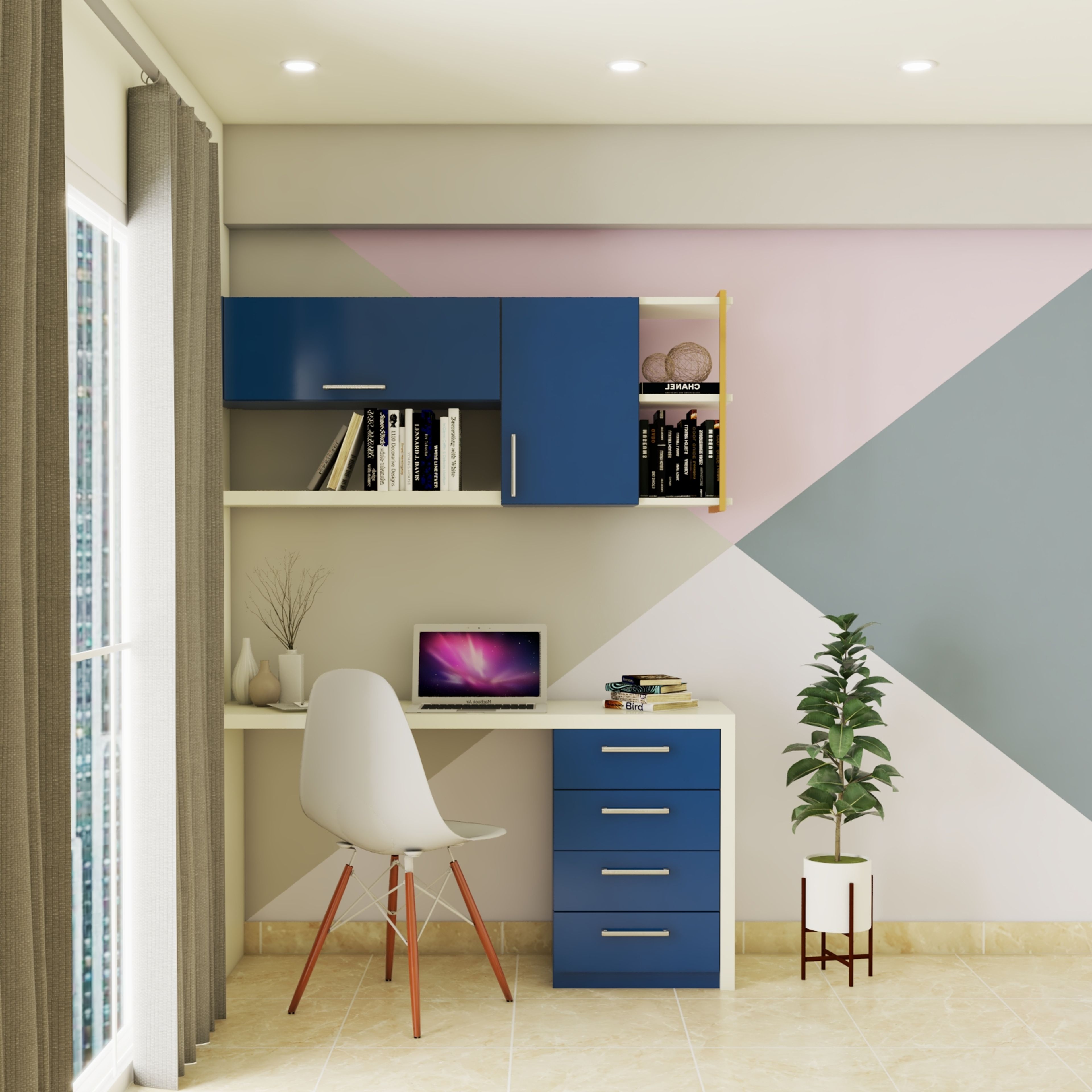 Modern Home Office Design With A White Chair And Overhead Storage