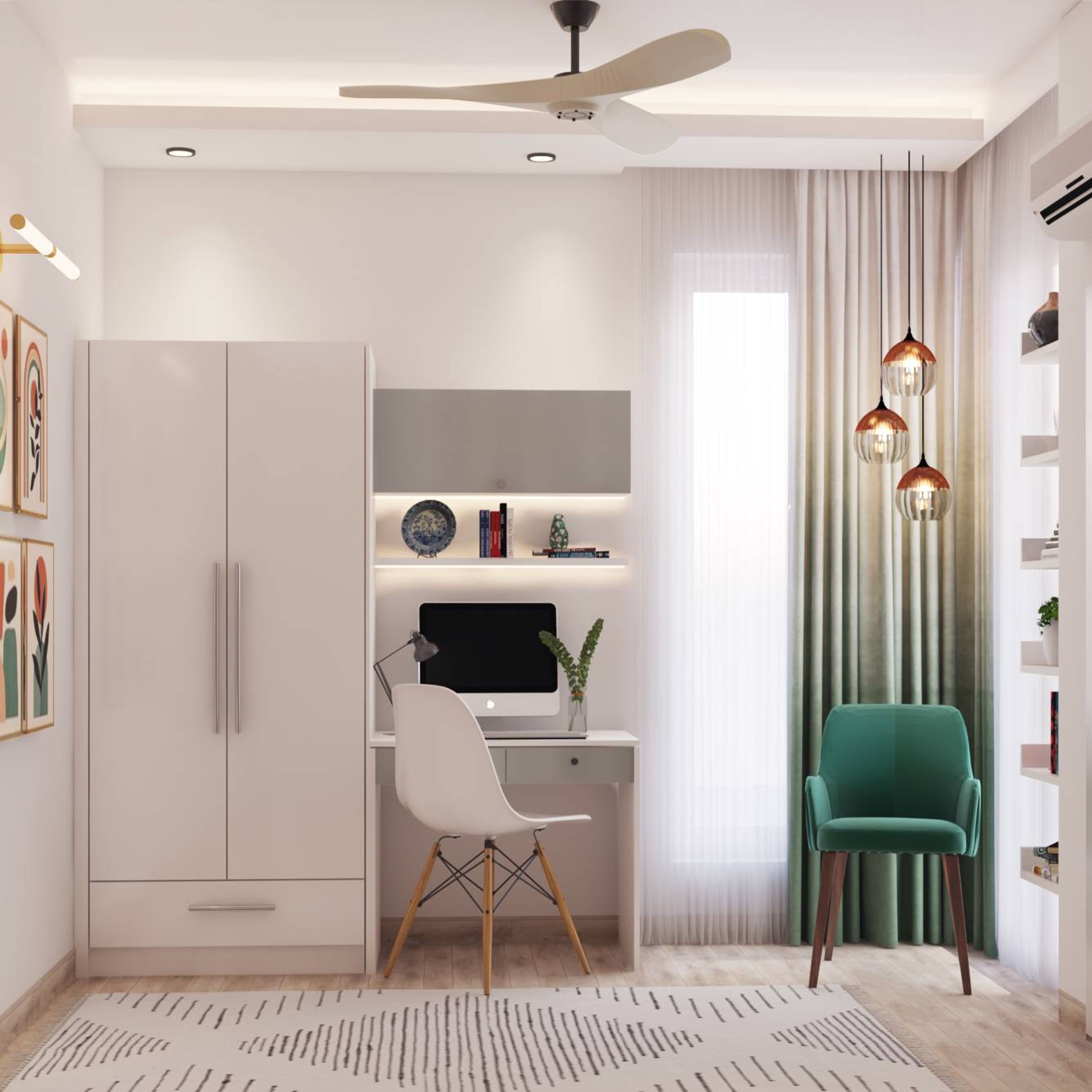 Modern Bright Home Office Design For Room Corner With Windows