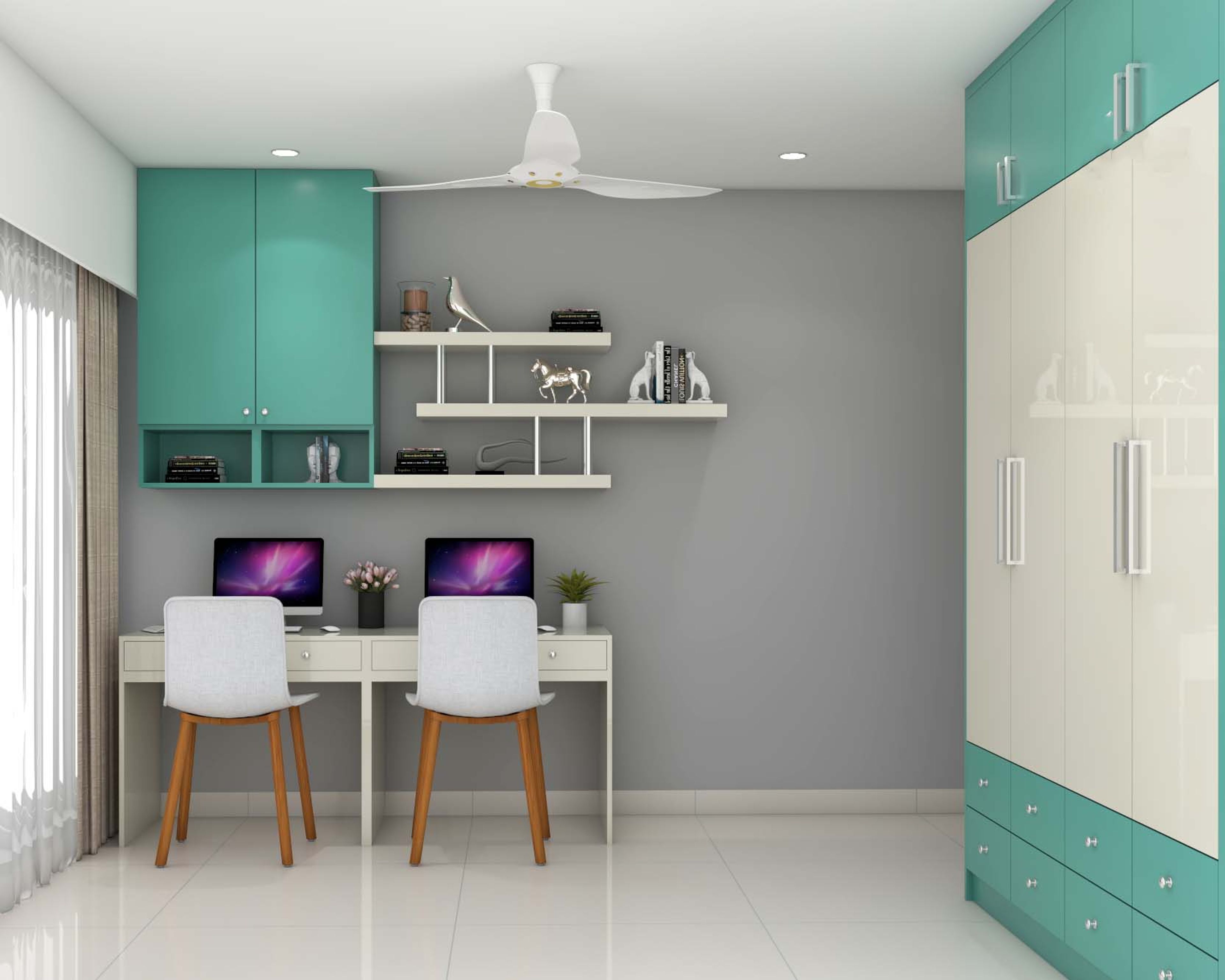 Contemporary Study Room Design In Aqua Green And Frosty White - Livspace