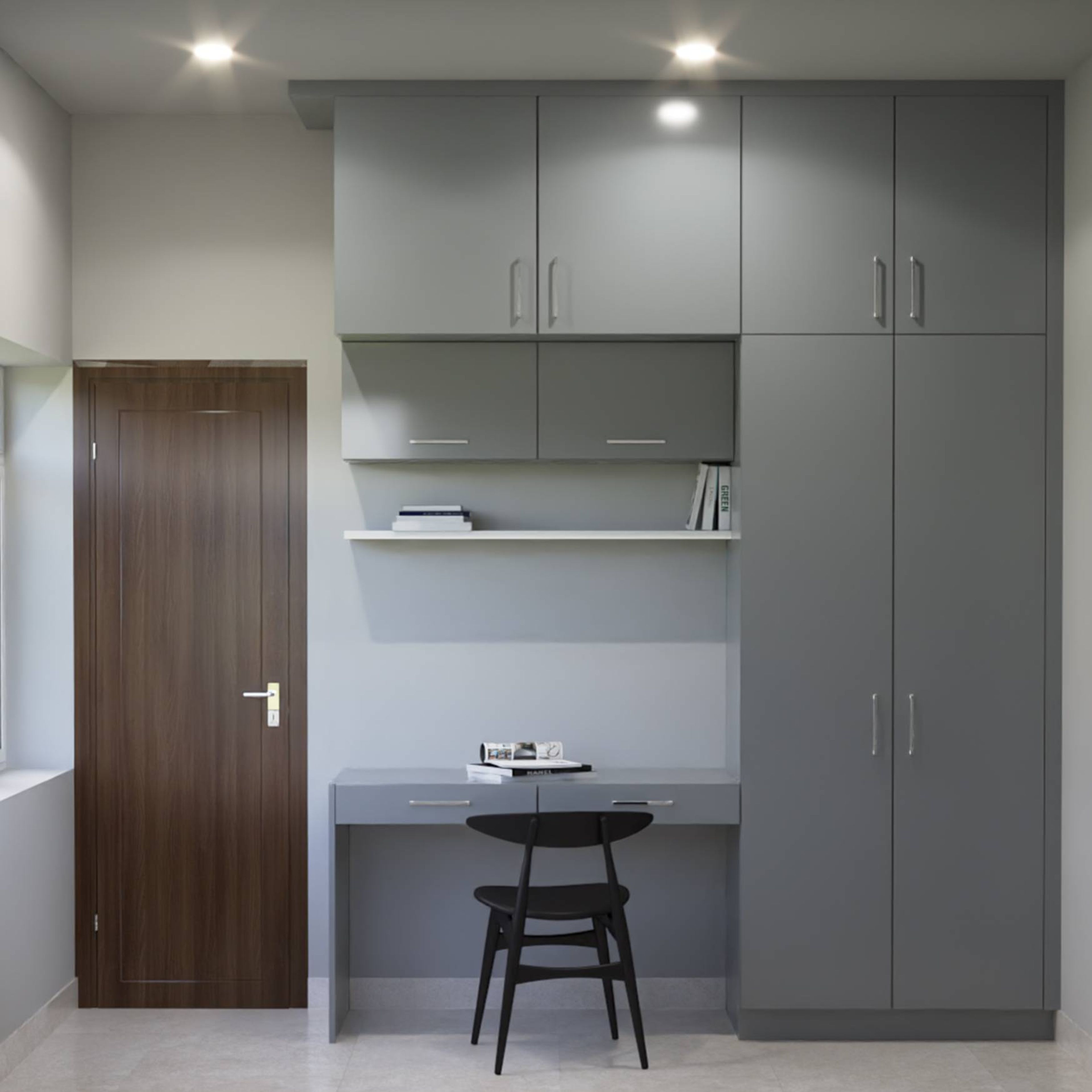 Modern Home Office Design With Overhead Storage And Wardrobe