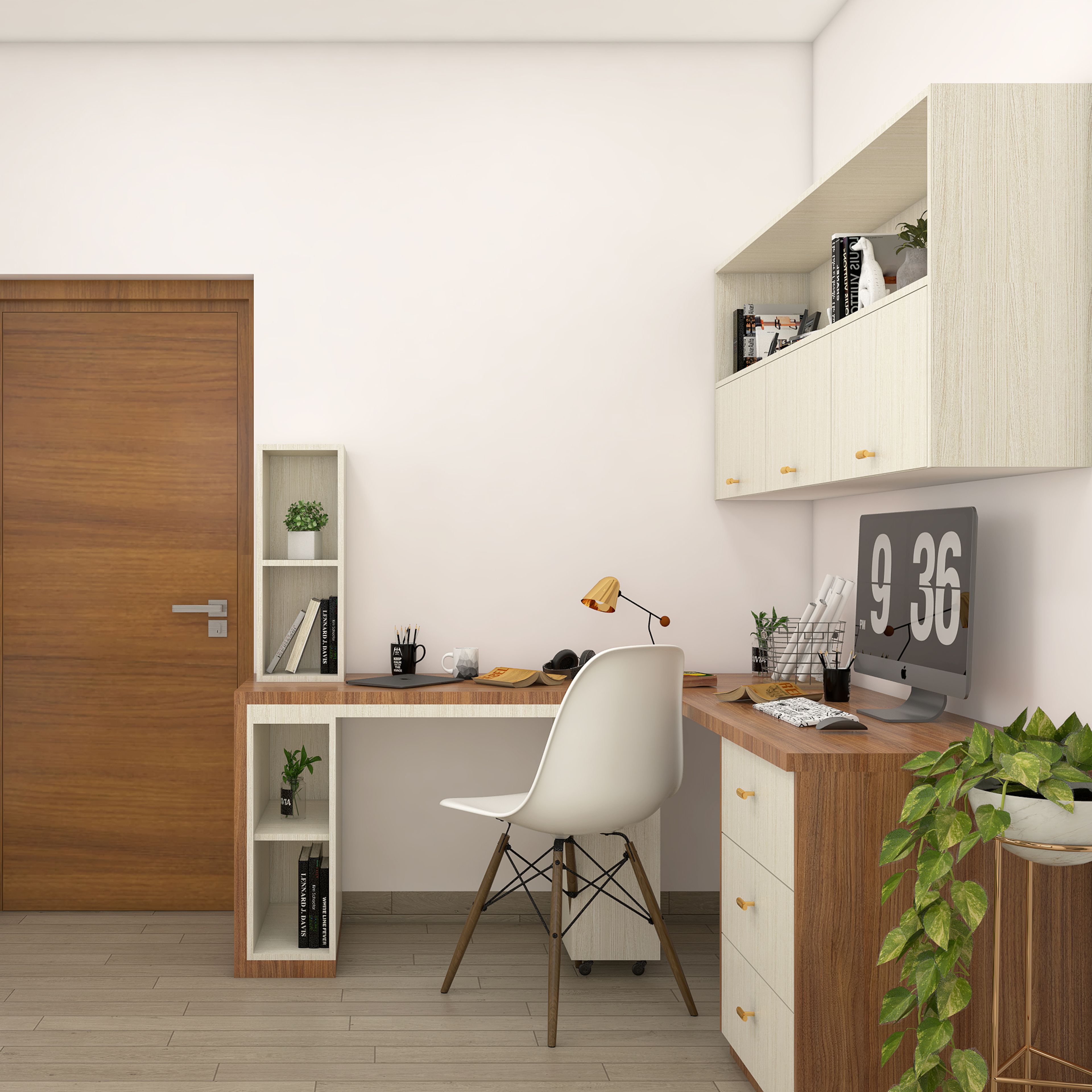 Classic Home Office Design With White And Wood Theme