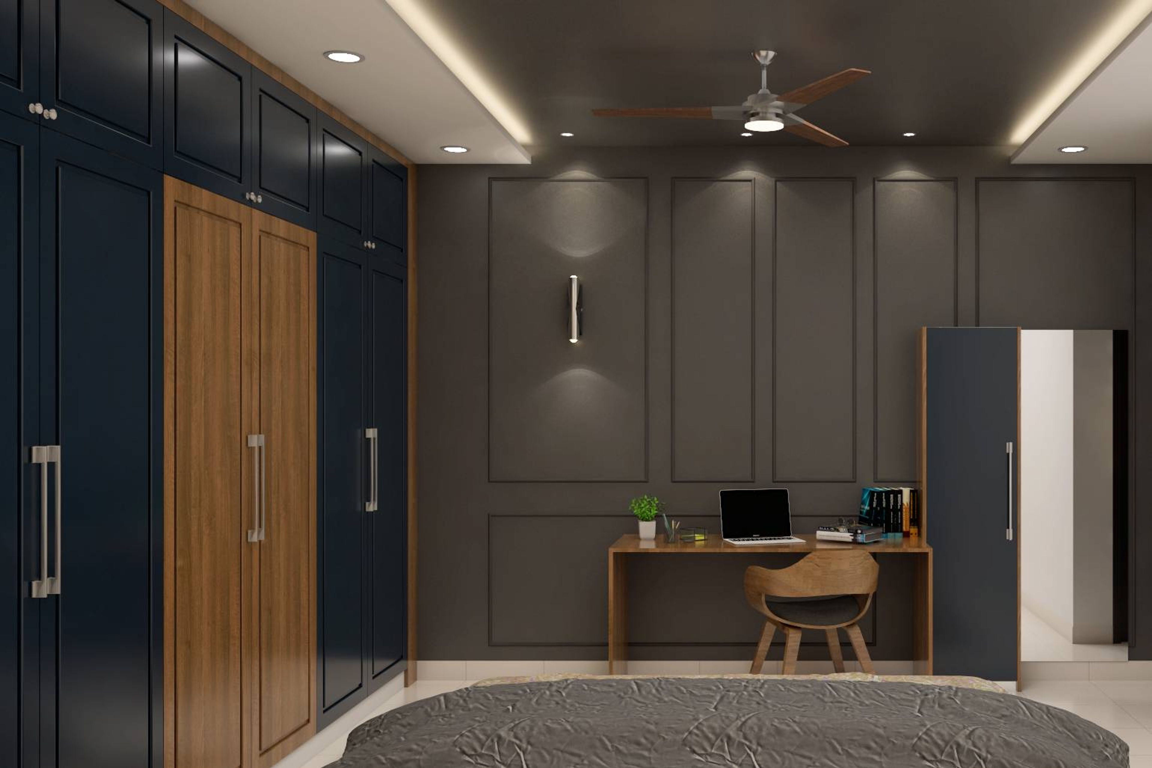 Study Room Design With Grey Accent Wall And Walnut Bronze Study Table - Livspace