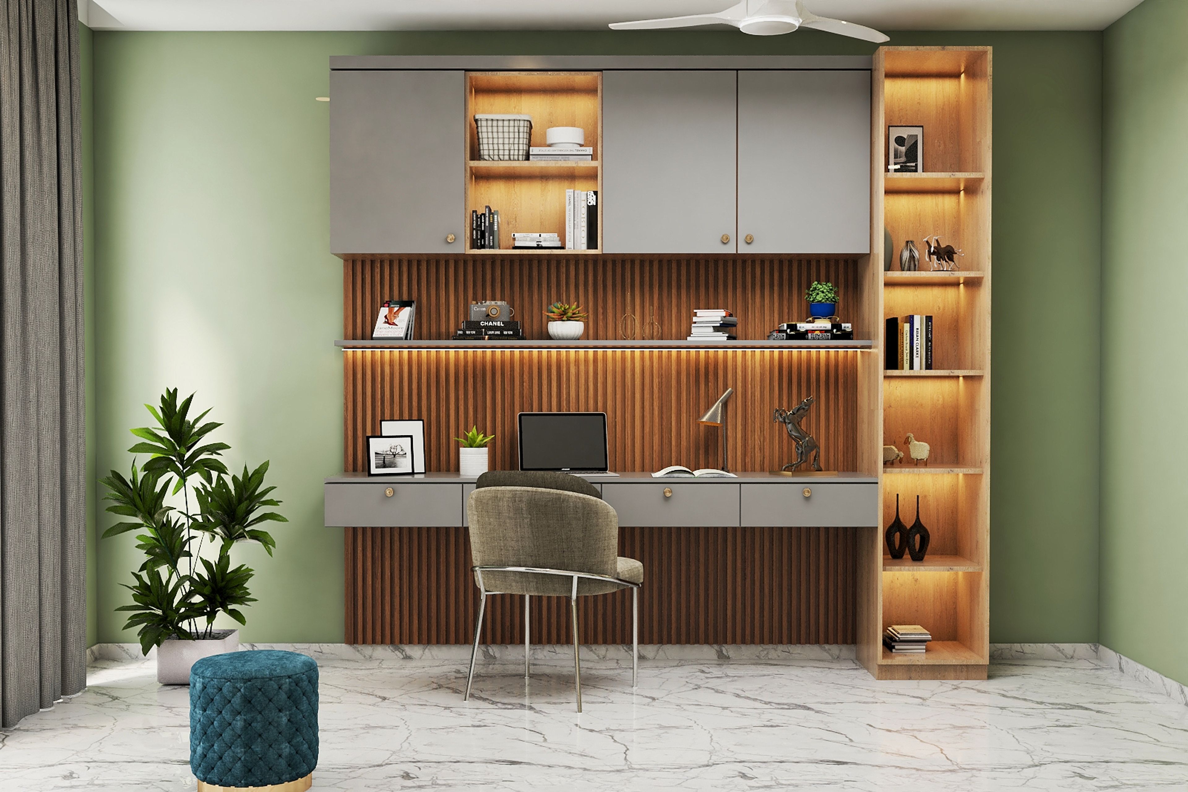 Spacious Wooden Home Office Design With A Sage Green Backdrop