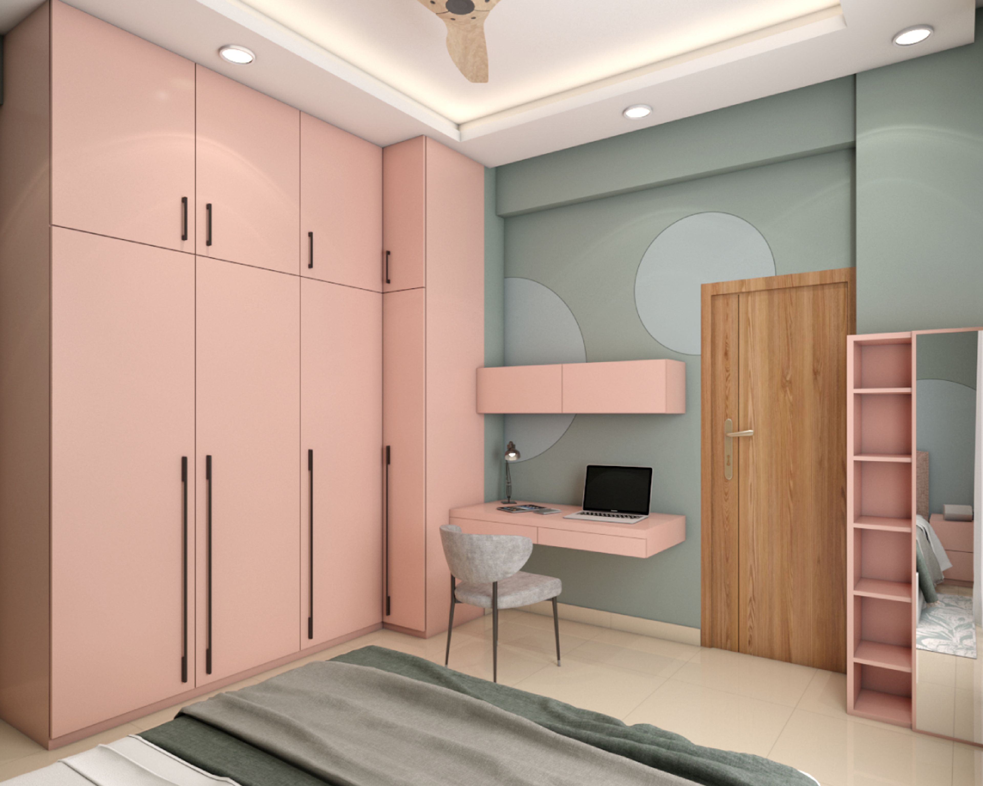 Modern Home Office Design With Pink Integrated Wardrobe And Study