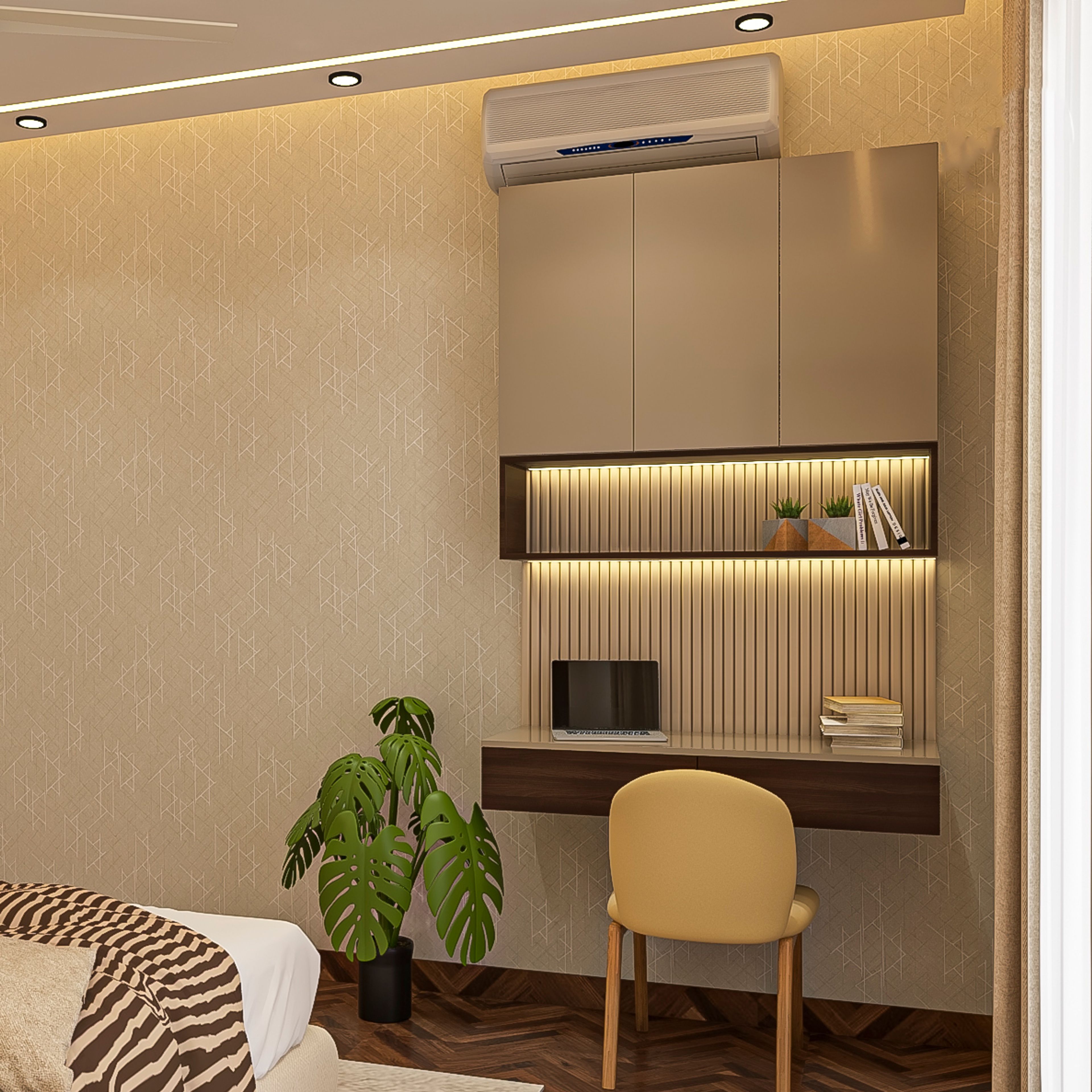 Modern Home Office Design With White Accent Wall And Wooden flooring