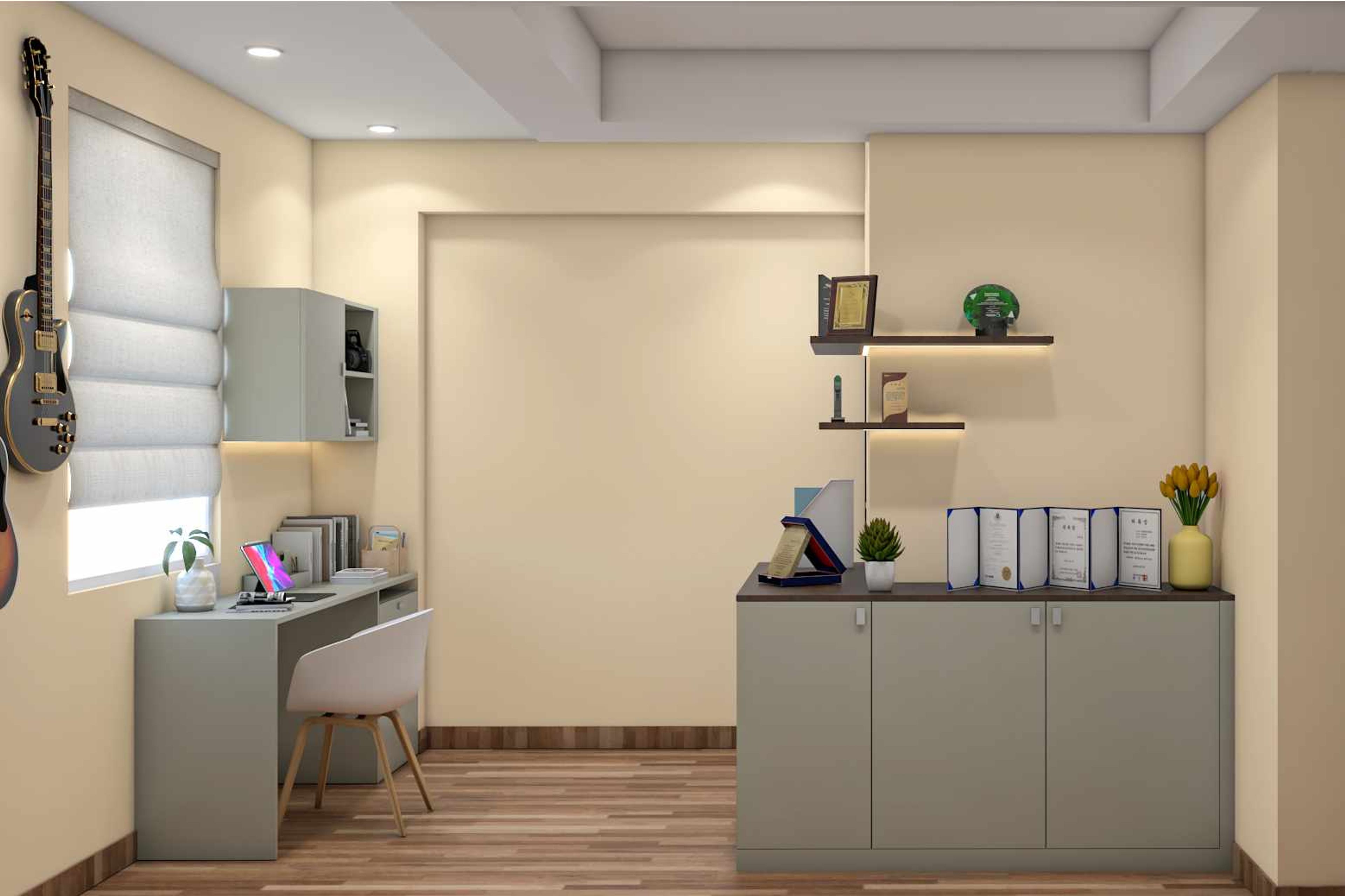 Spacious Home Office Design With Dedicated Storage Units