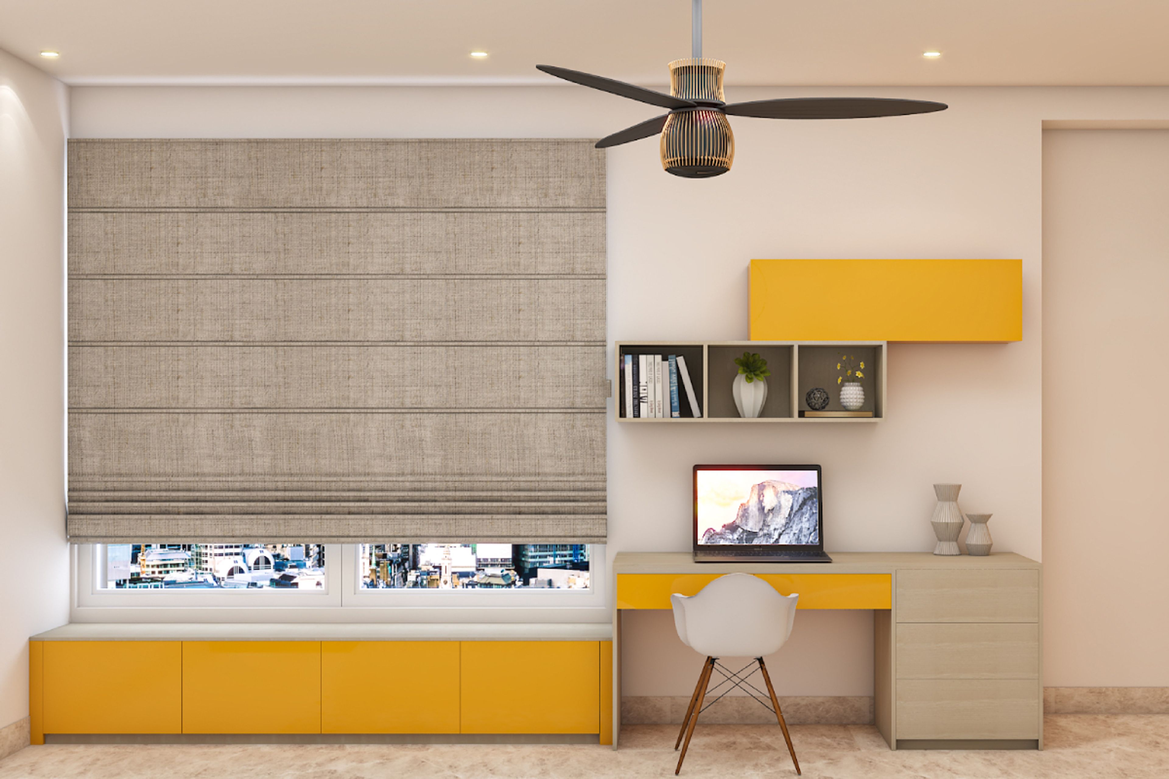 Modern Home office Design With Glossy Wood Theme And Window Seating