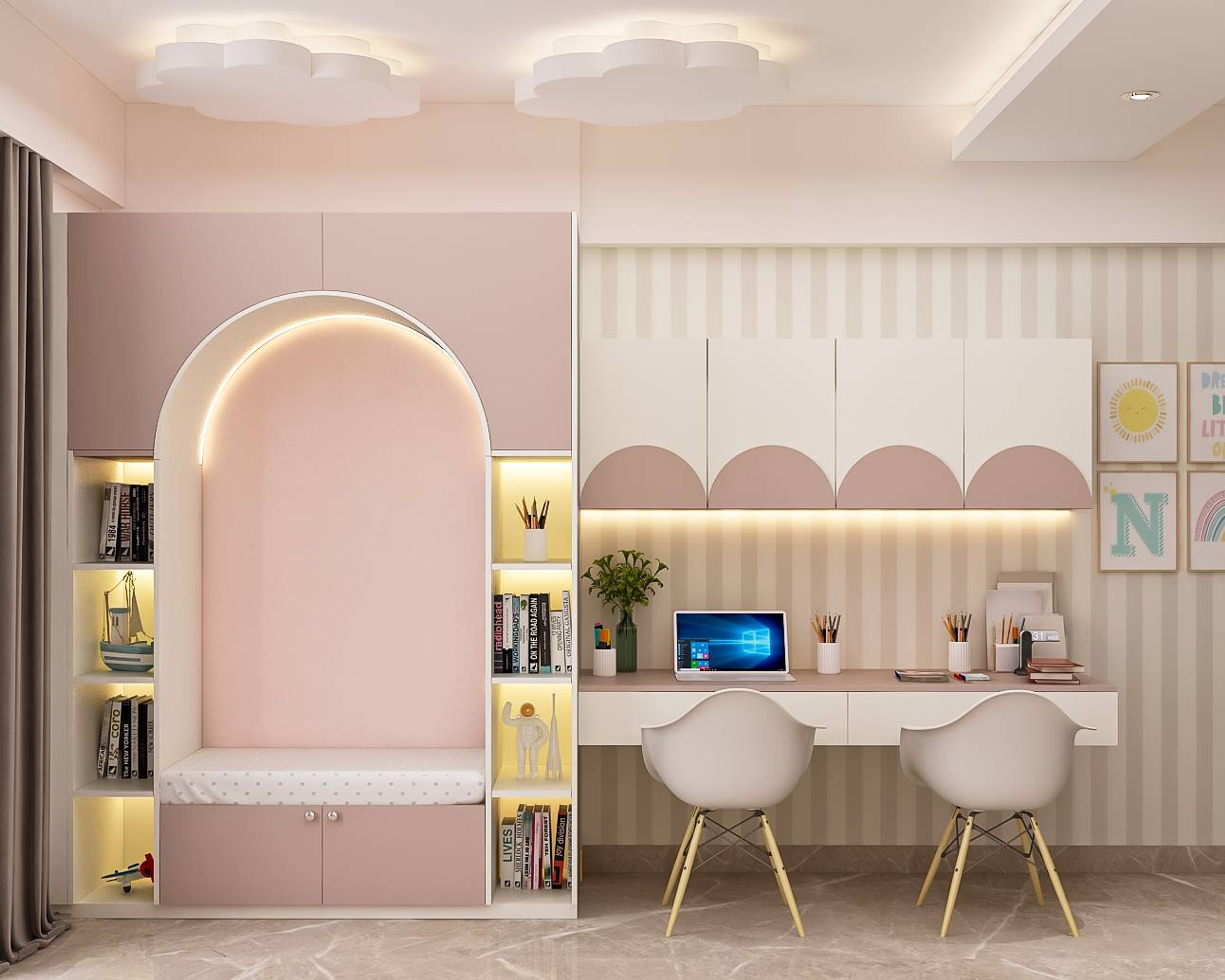 Pink And White Cloud-Shaped False Ceiling Design And Recesse Lights - Livspace