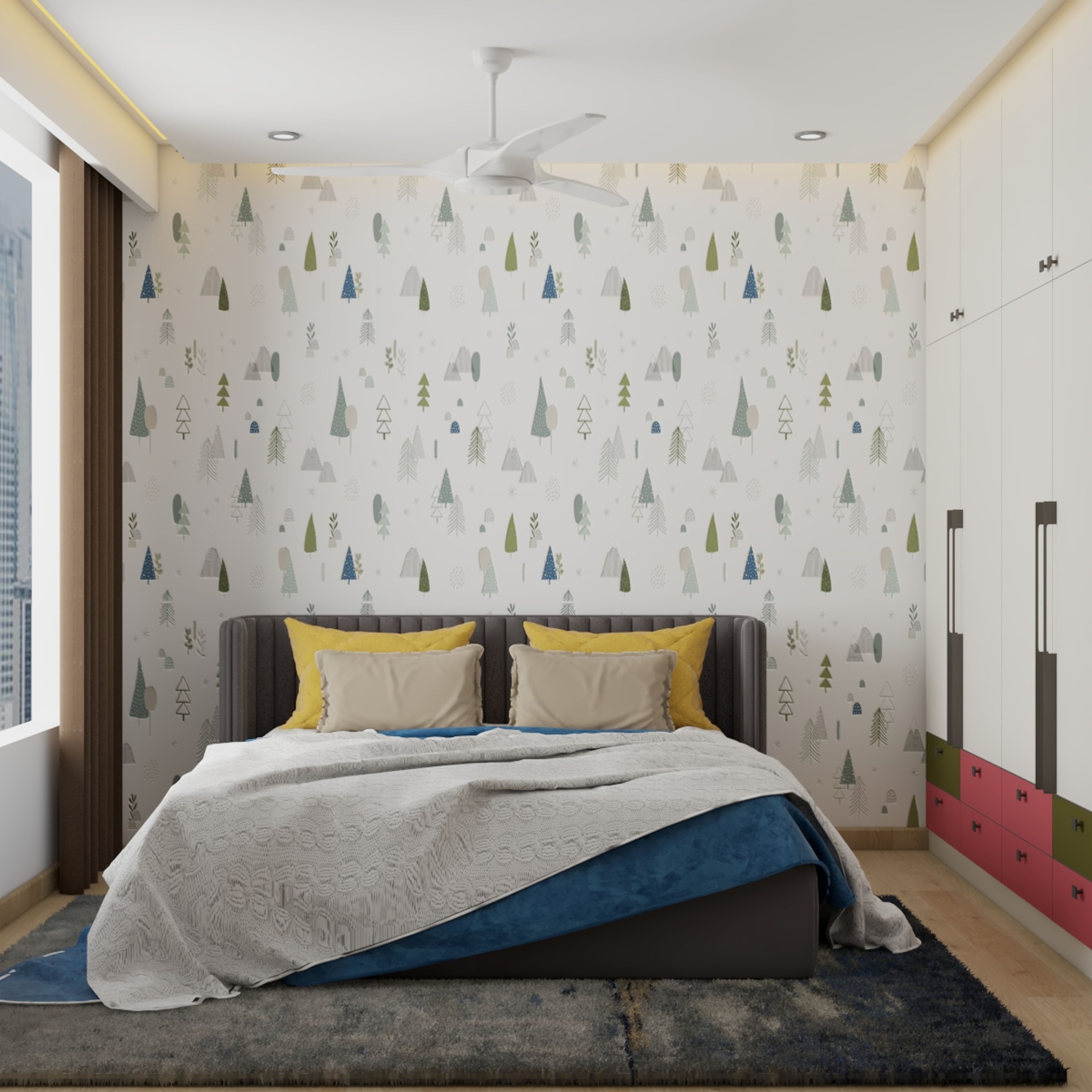 Modern Kid's Room Design With Wardrobe and Wallpaper