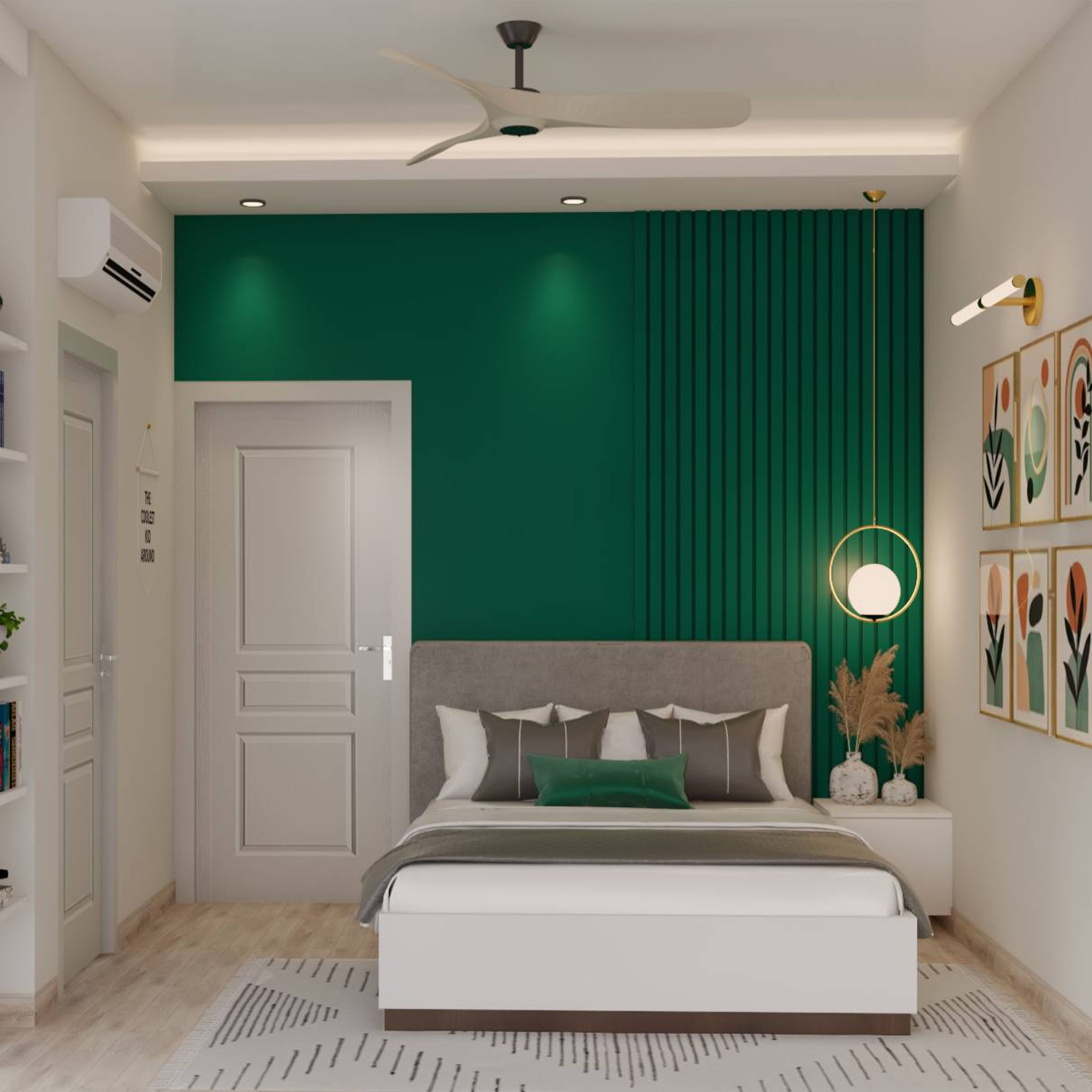 Modern Kid's Bedroom Design With Green Accent Wall And Fluted Panel