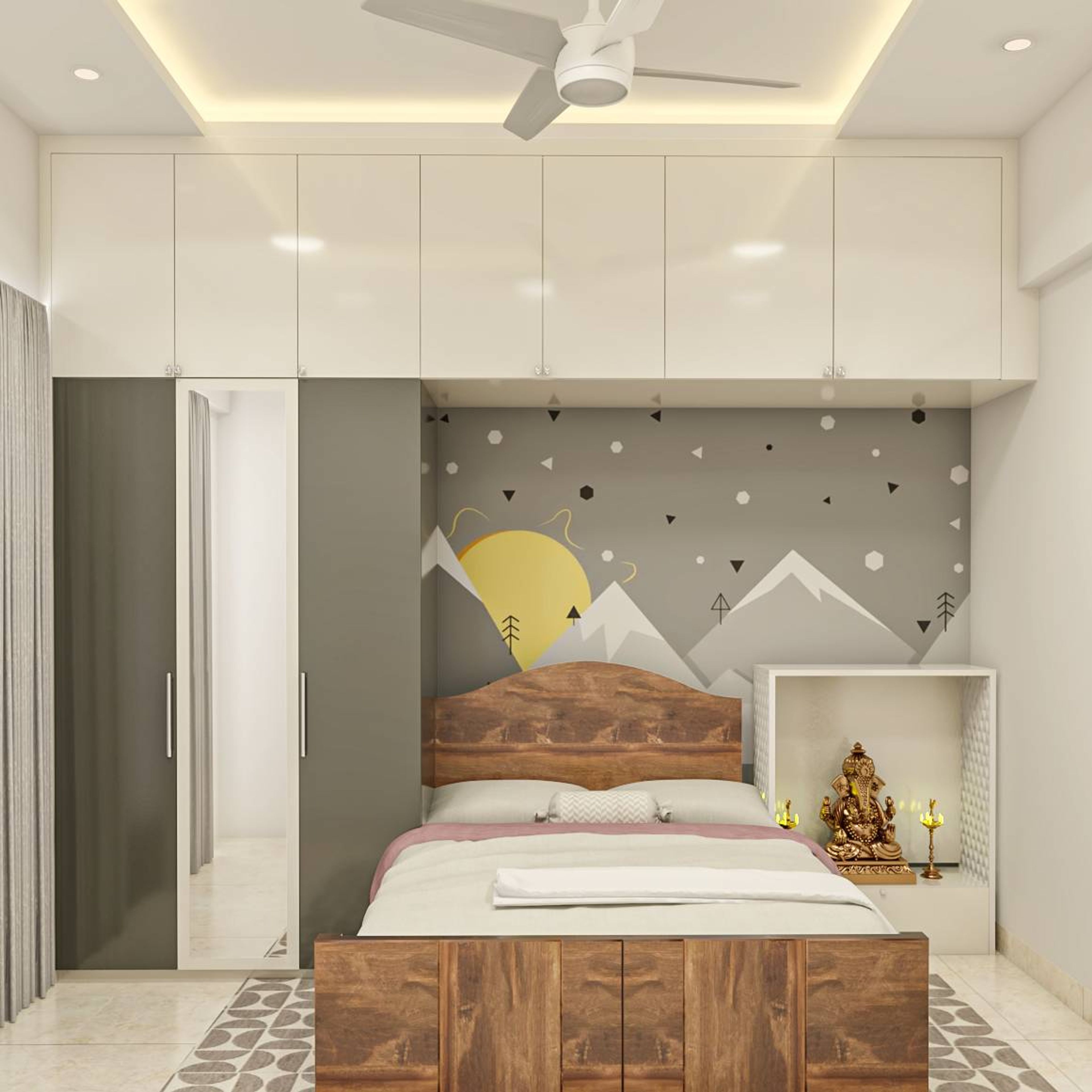 Modern Kid's Bedroom Design With Pooja Unit And A Wooden Bed