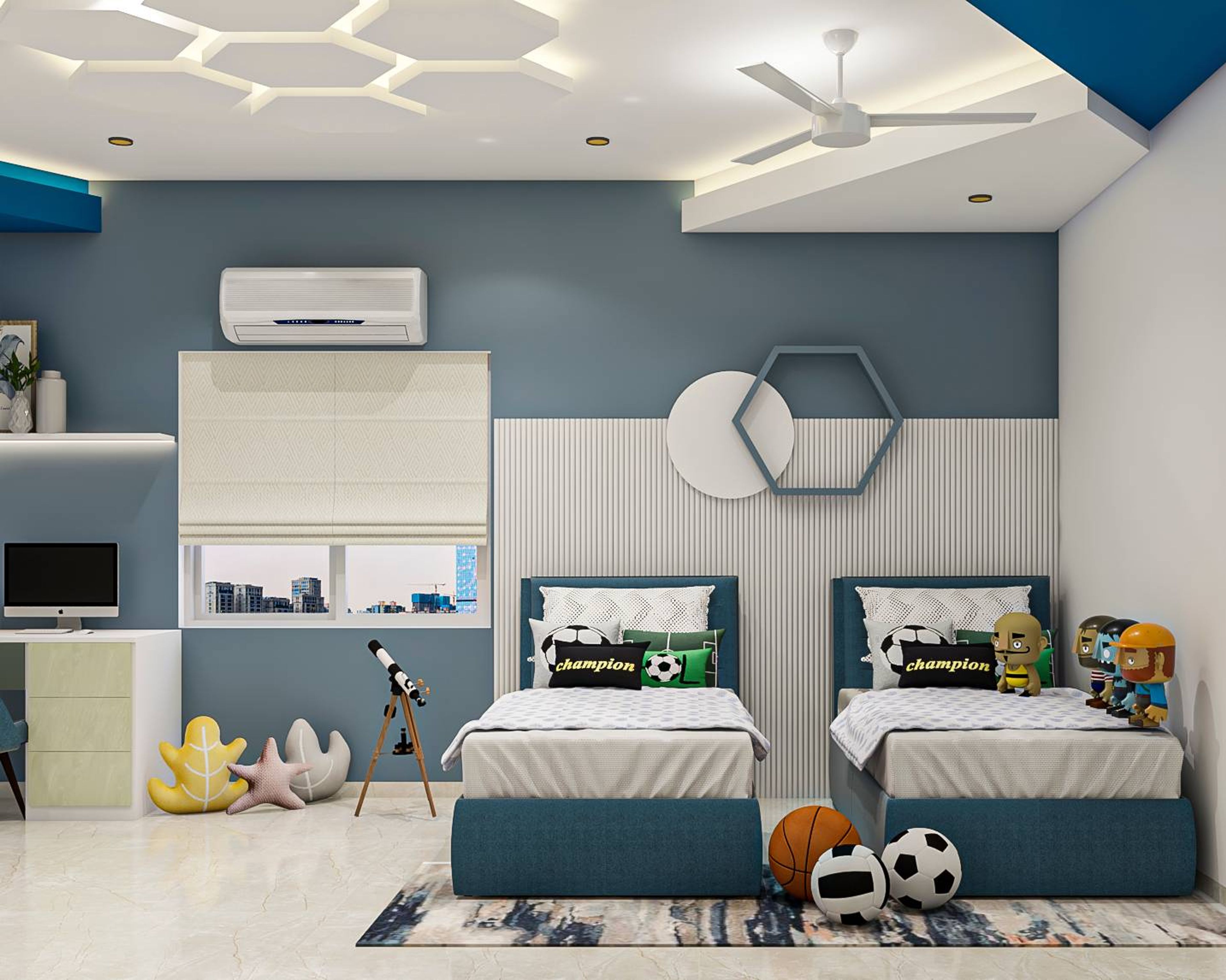 Modern Kids Room Design With Blue And White Theme