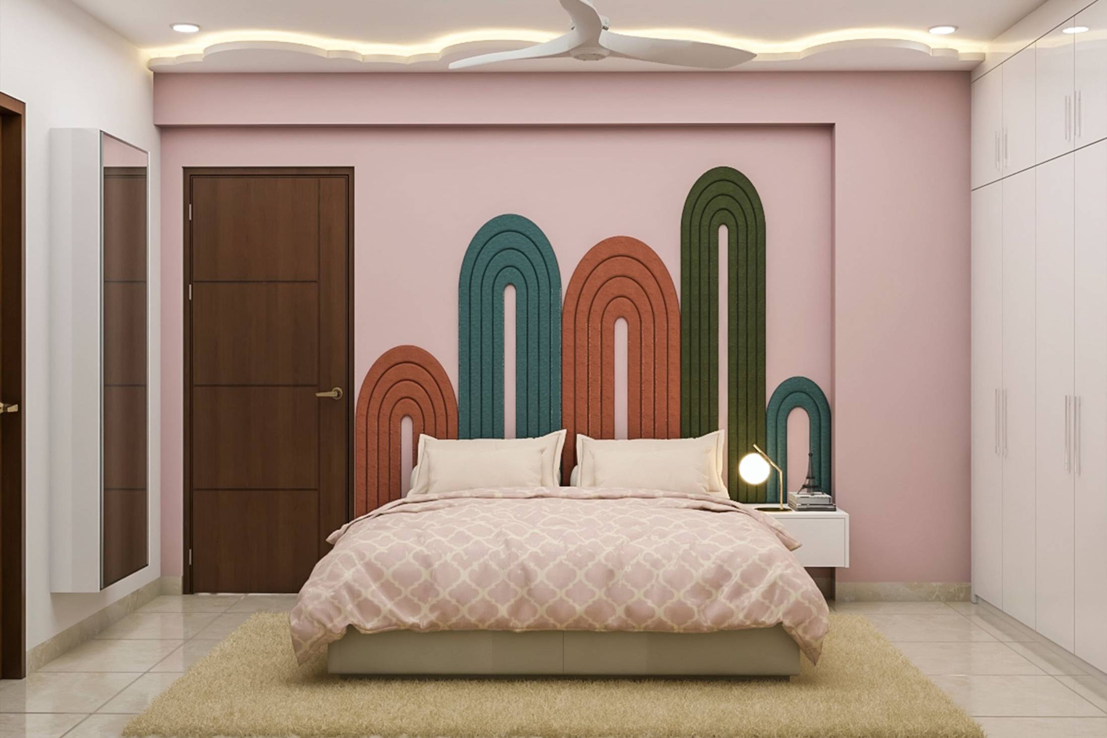 Art Deco Pink And White Kids Room Design For Girls With Cloud POP Ceiling