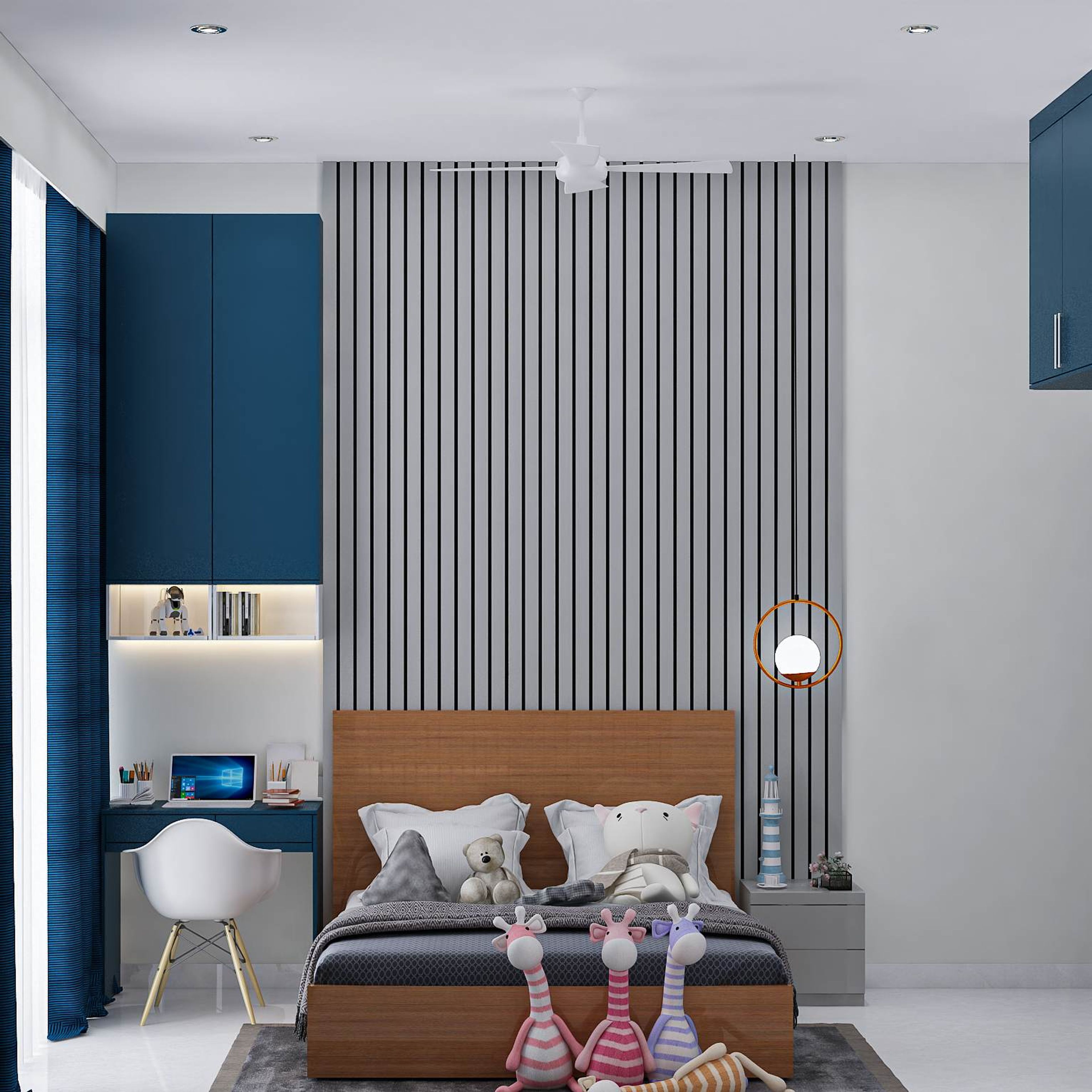 Modern Kid's Bedroom Design With Grey Vertical Panel