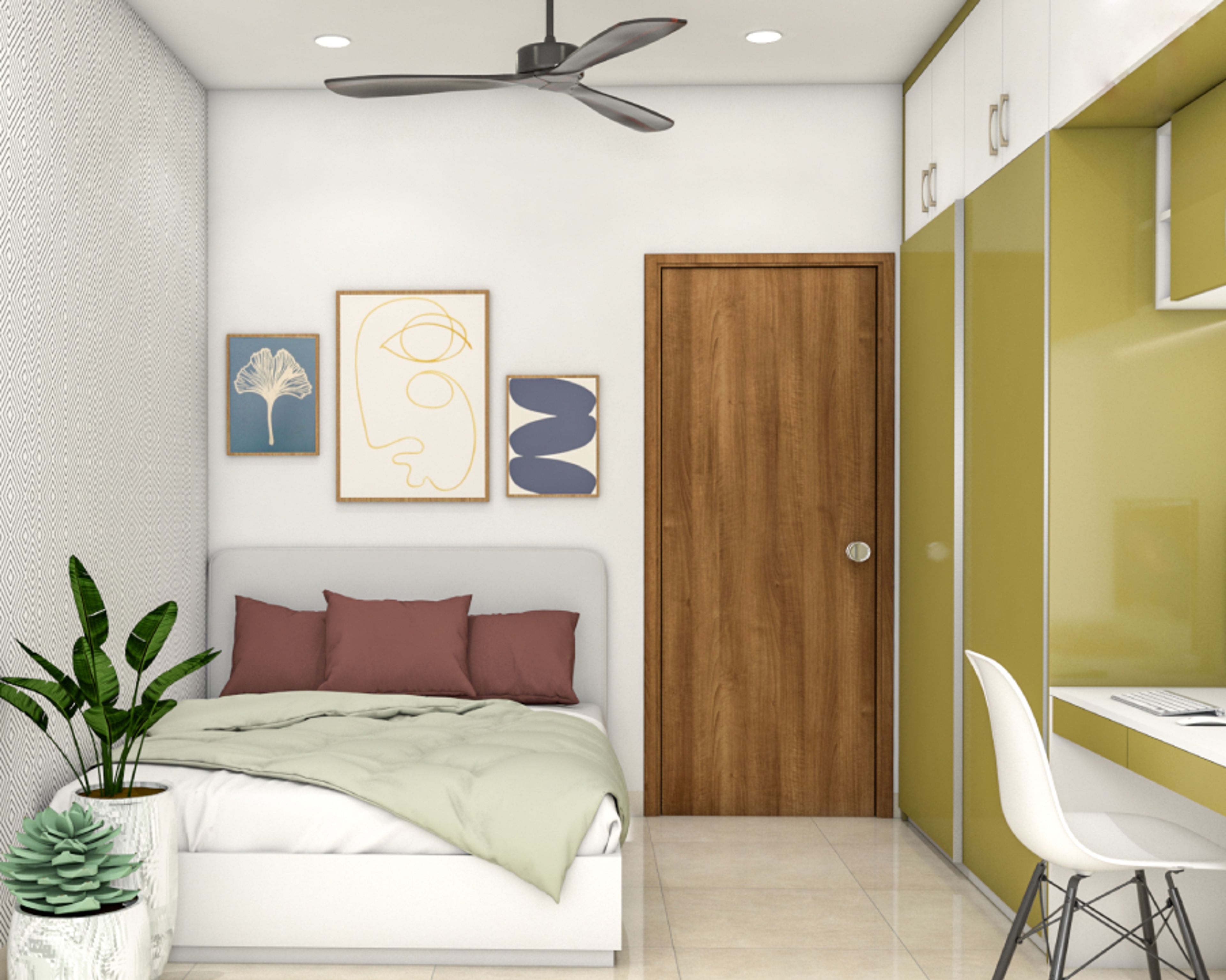 Modern Kids Bedroom Design With Wall Frames And Indoor Plants