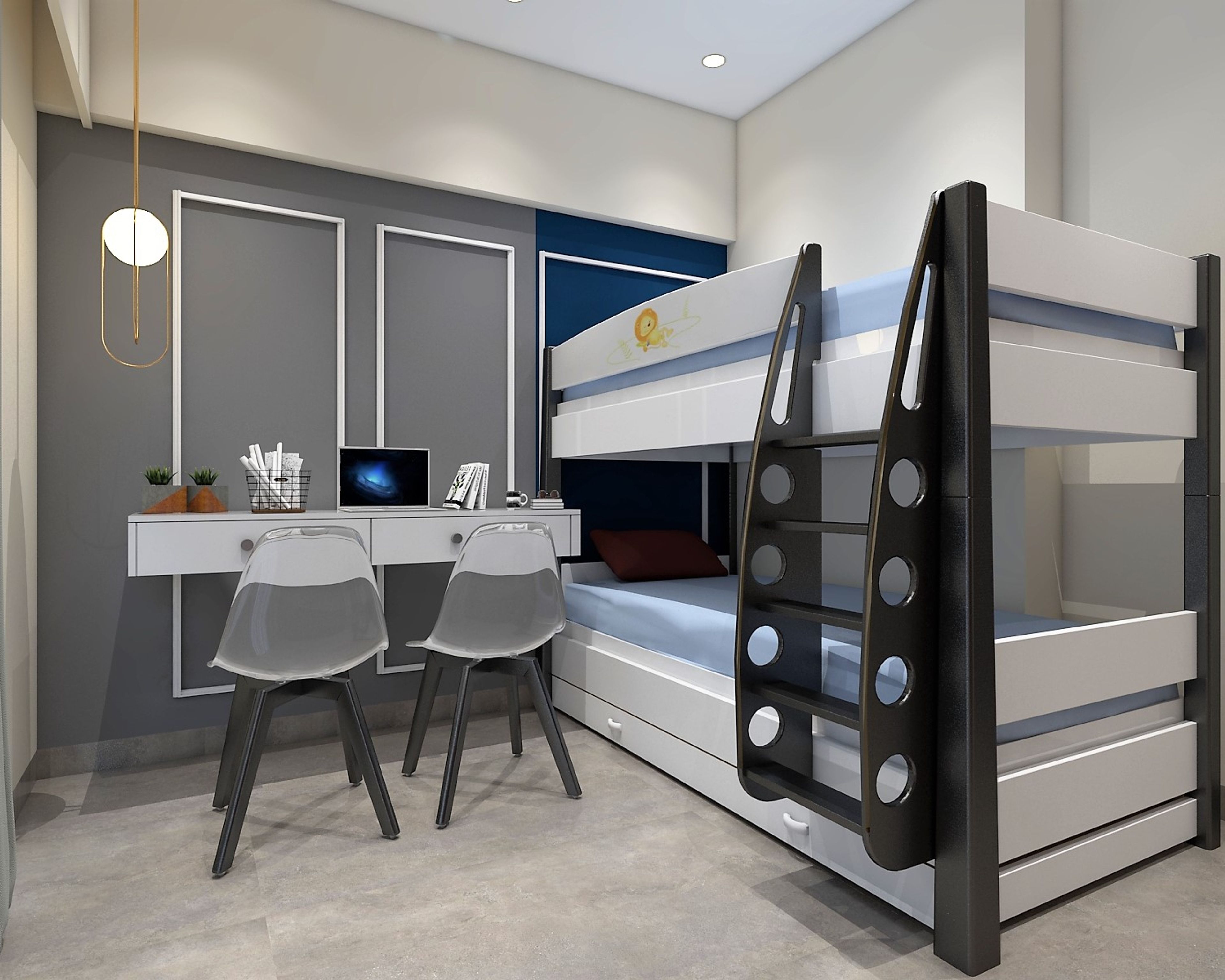 Modern Boys Room Design With Grey Accent Wall And White Bunk Bed