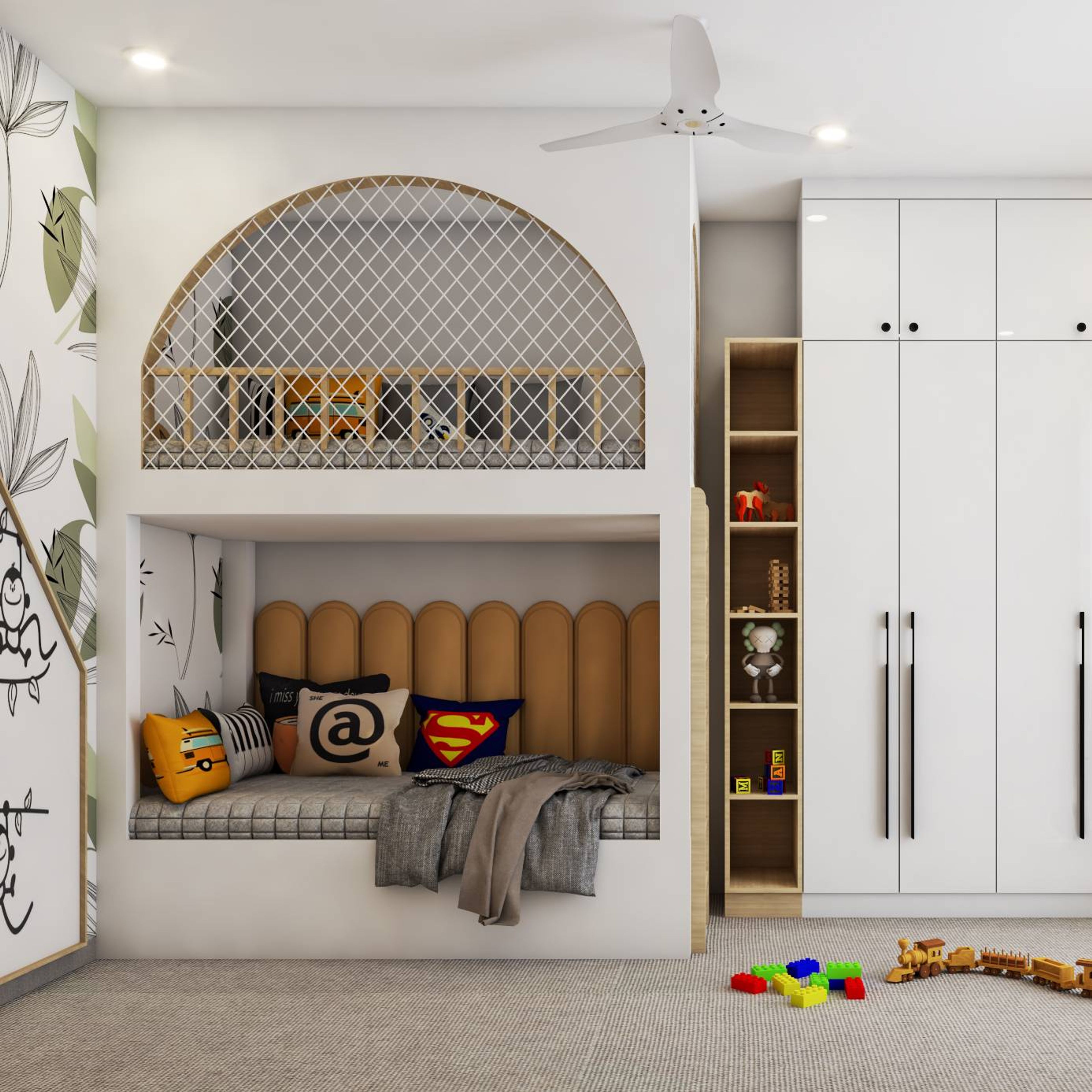 Modern Kid's Room Design With A Tropical-Themed Accent Wall