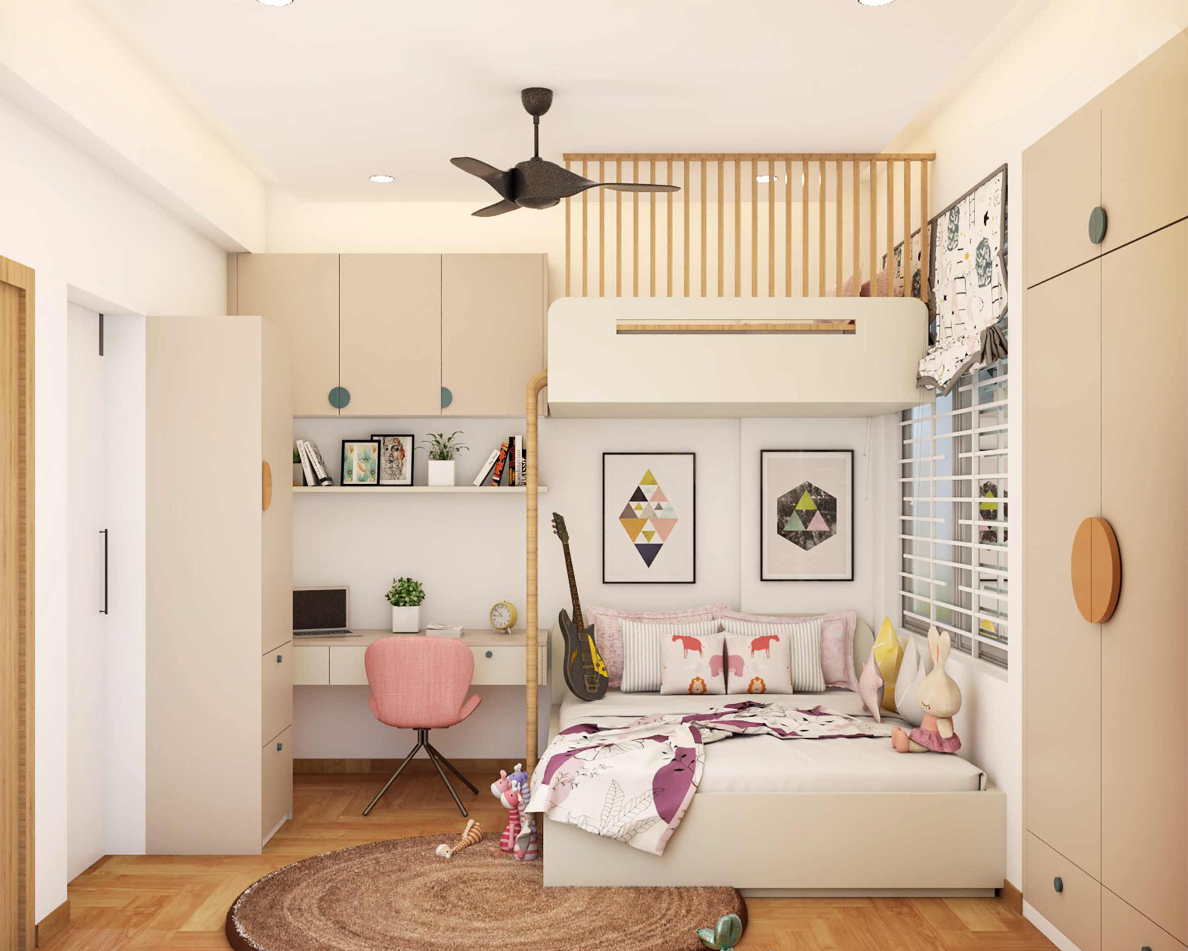 Modern Kid's Room Design For Girls With Bunk Bed in Wood And White