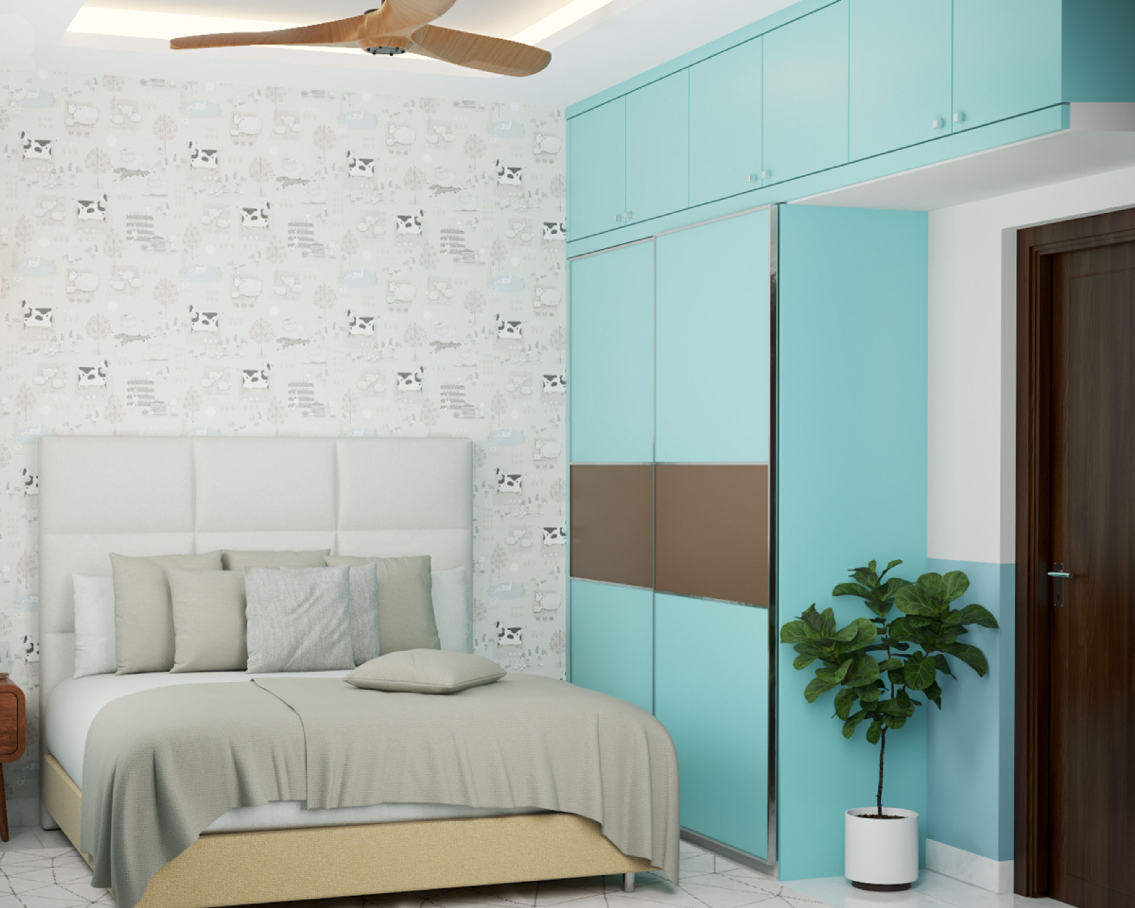Modern Boy's Room Design With Wardrobe And Sliding Doors