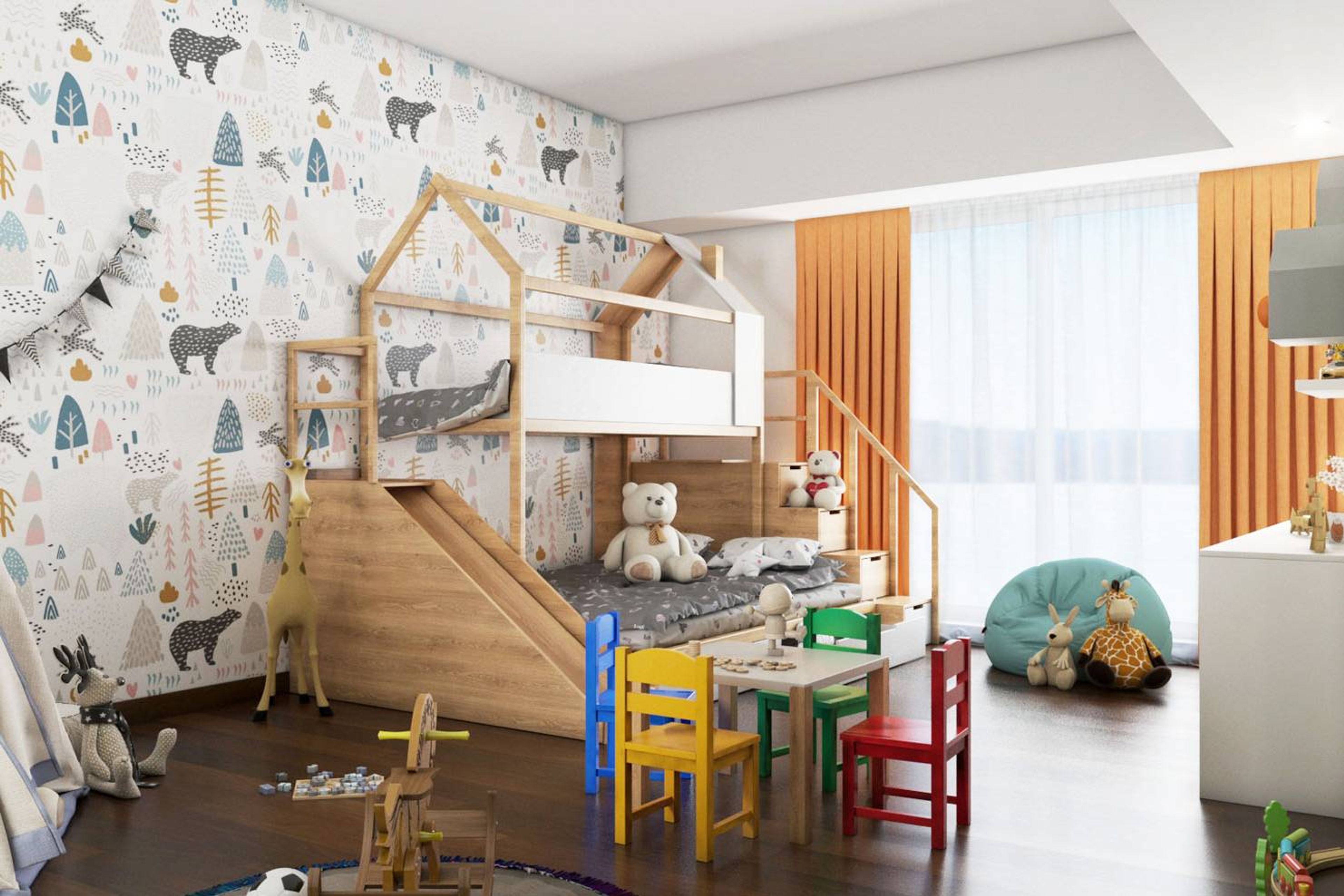 Modern Spacious Boys Room Design With Forest Wallpaper