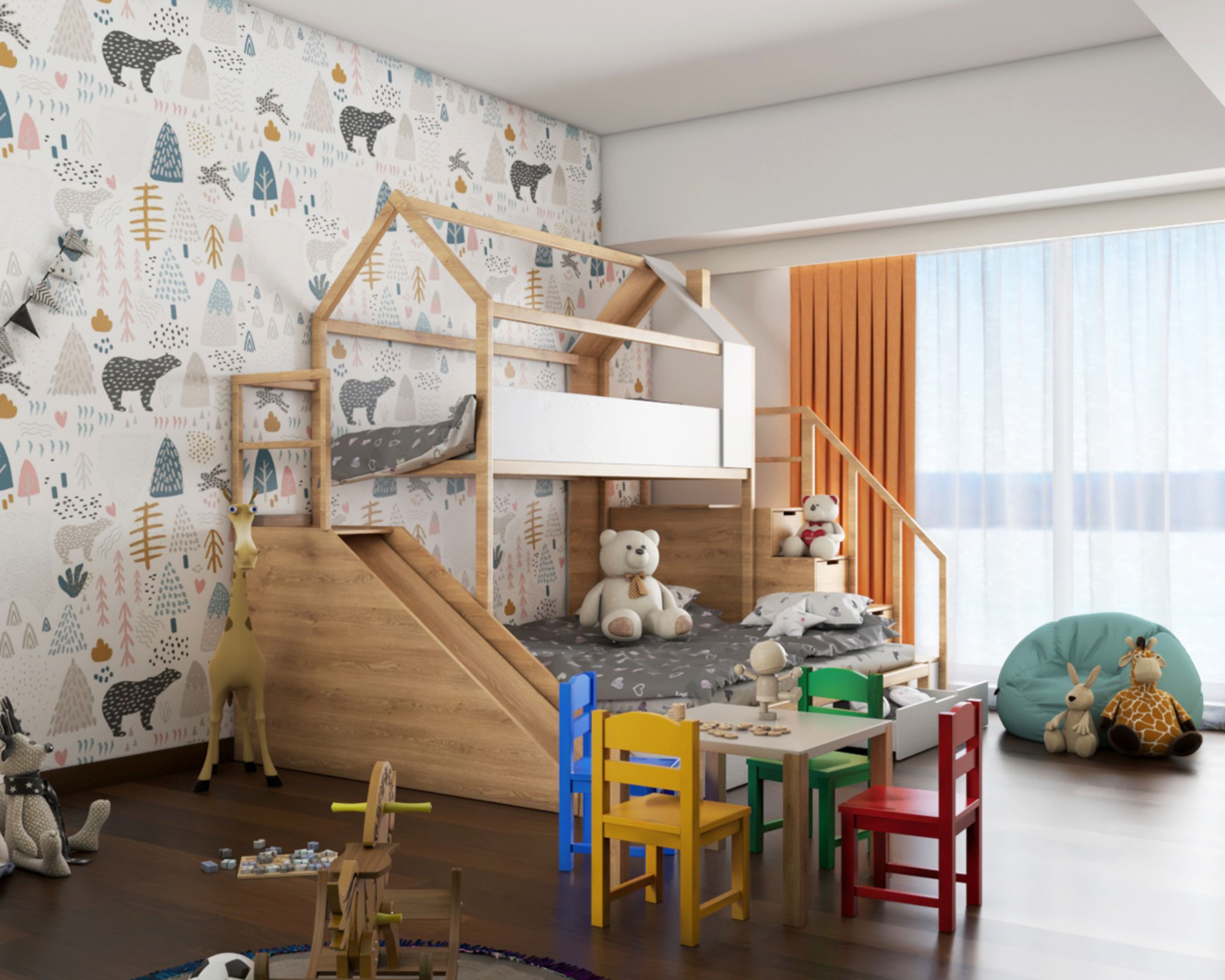 Modern Kids Room Design With Wooden Furniture And Flooring