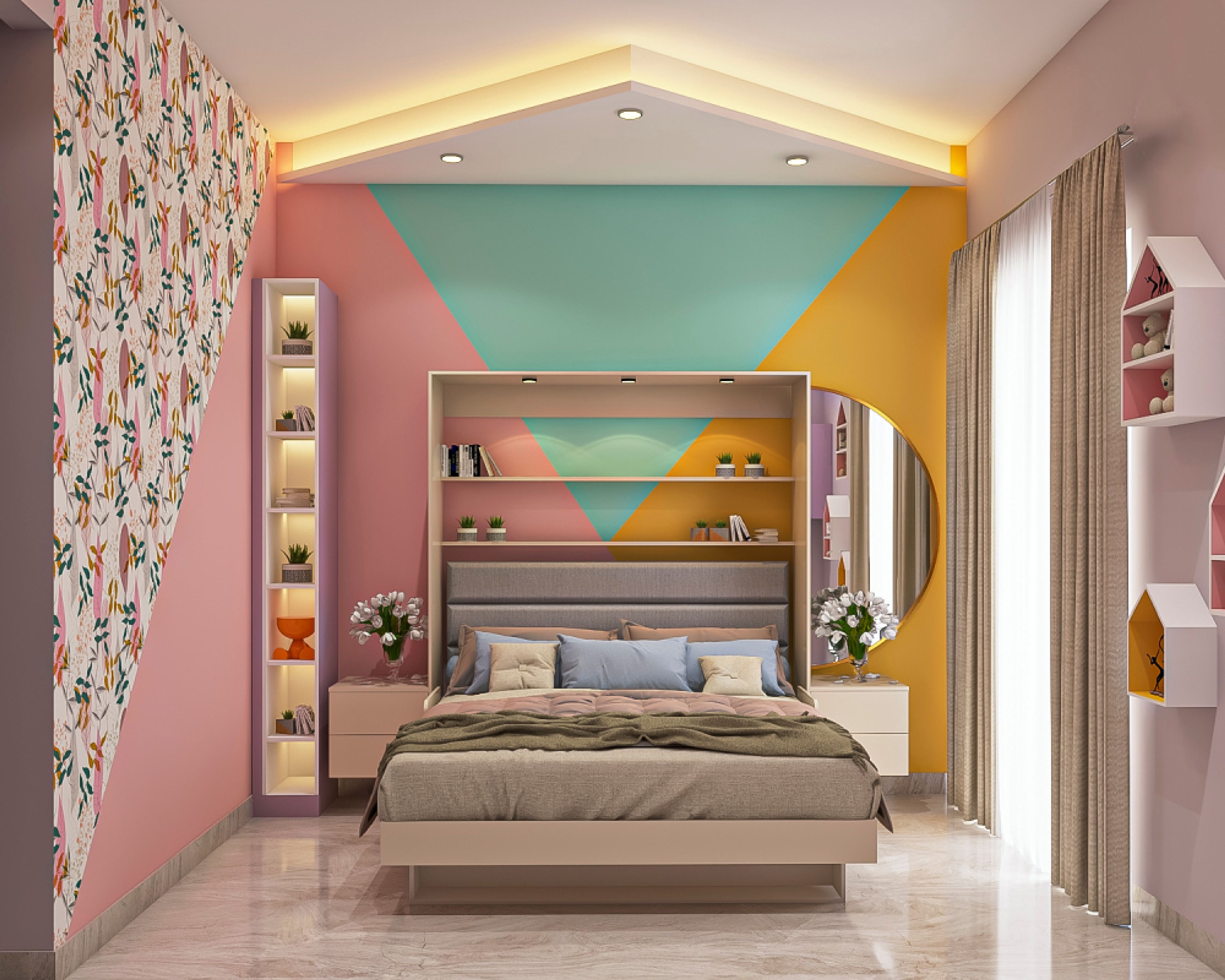 Spacious Kid's Room Design For Girls With Foldable Bed