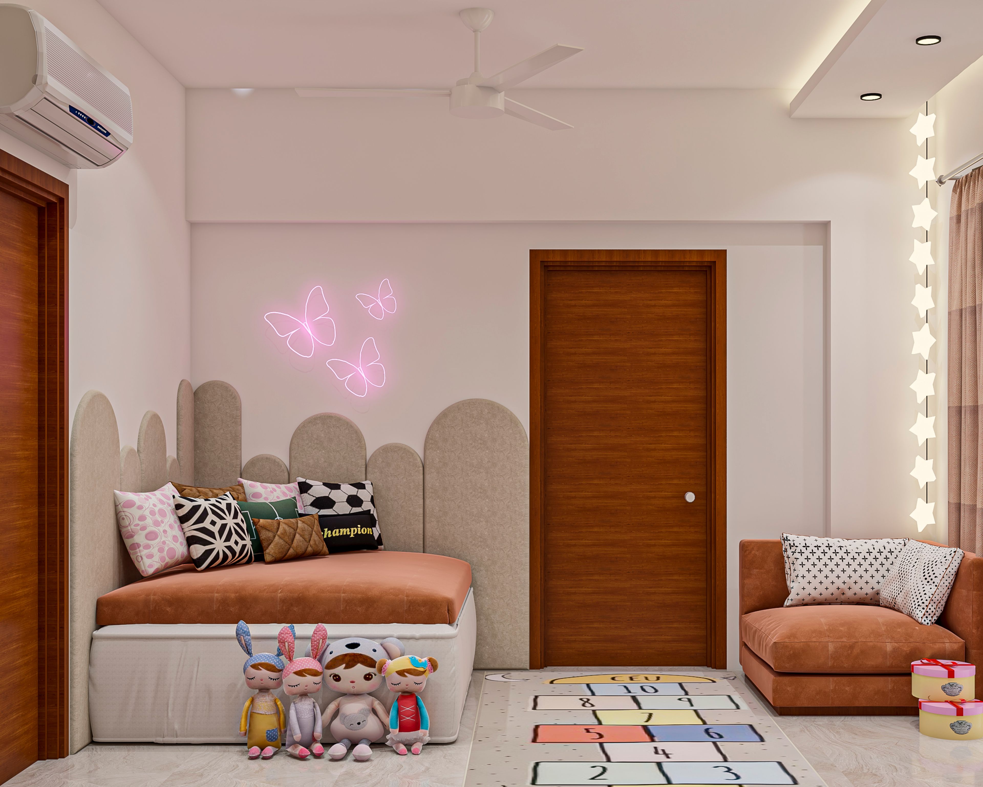 Modern Kid's Room Design For Girls With Pale Grey Upholstered Bed