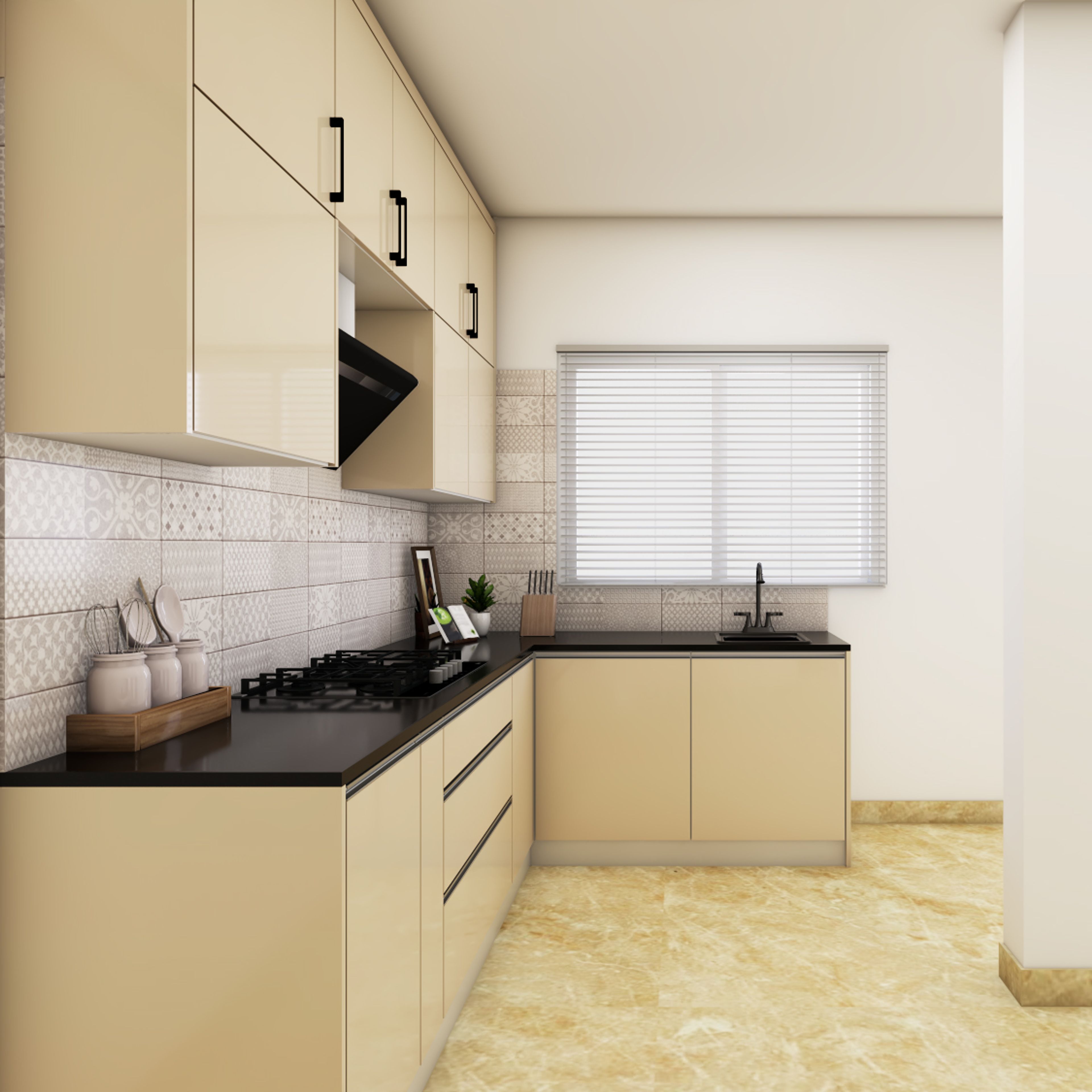 Contemporary L-Shaped Kitchen Design With A Granite Countertop