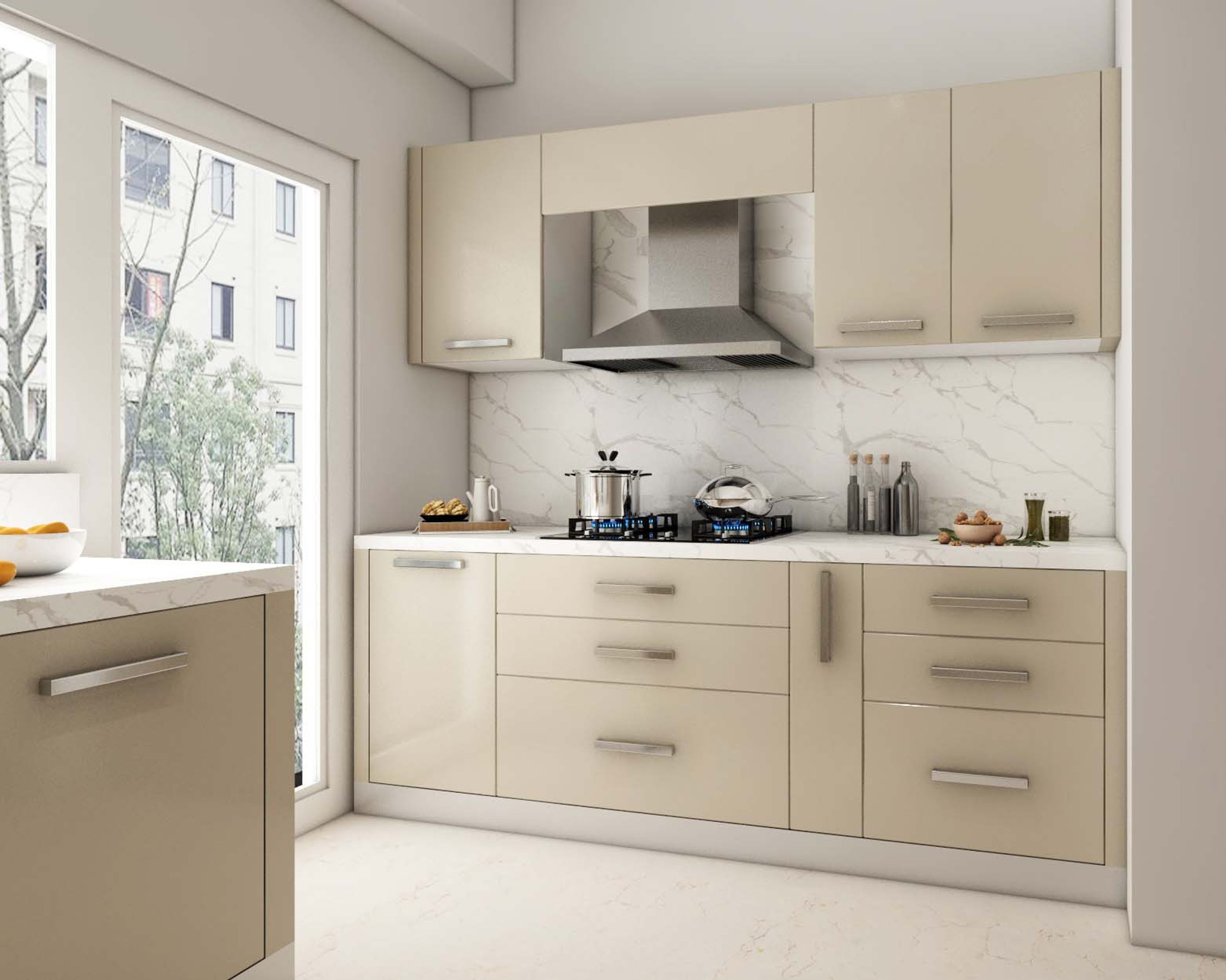 Contemporary Indian Kitchen Design In Beige With Suede Laminates