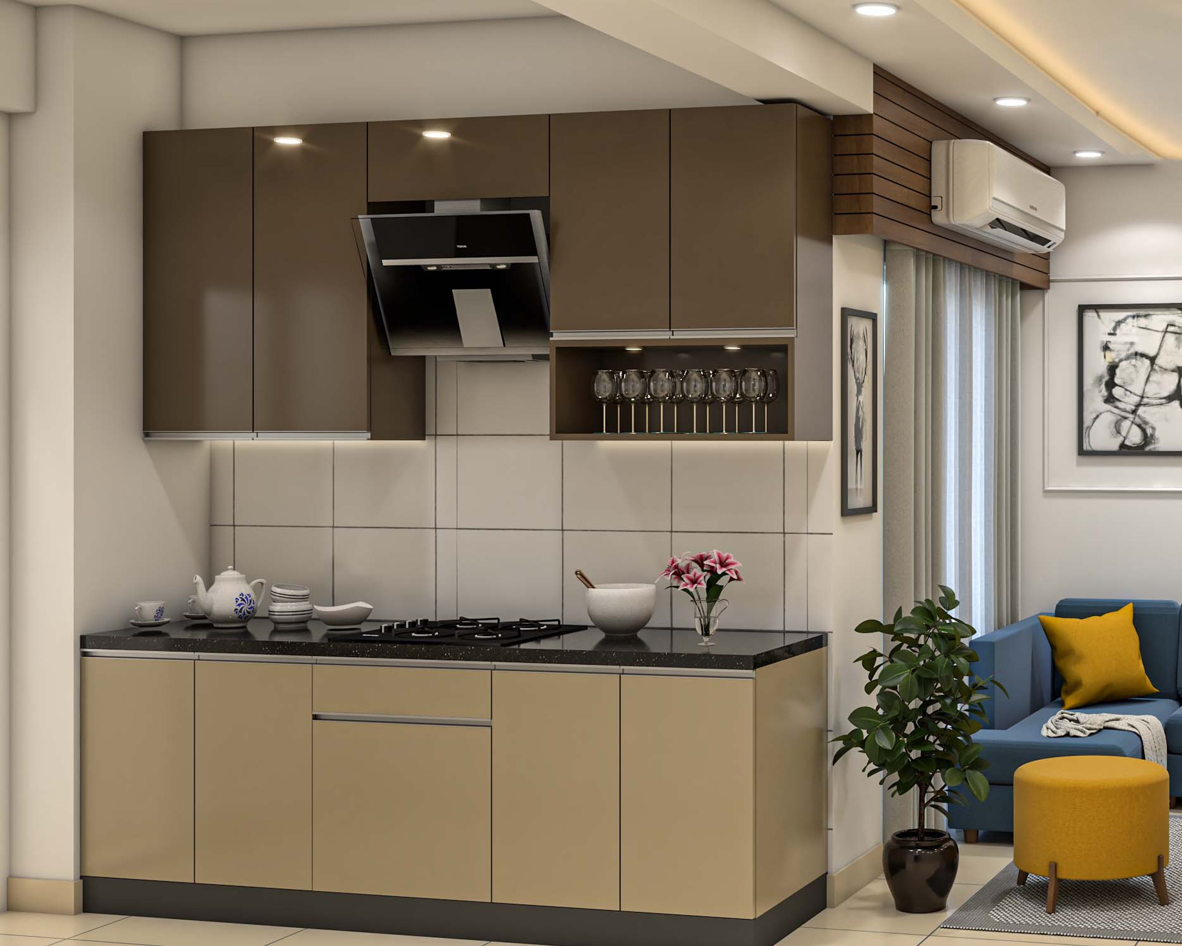 Contemporary Parallel Kitchen Design With A Crockery Unit