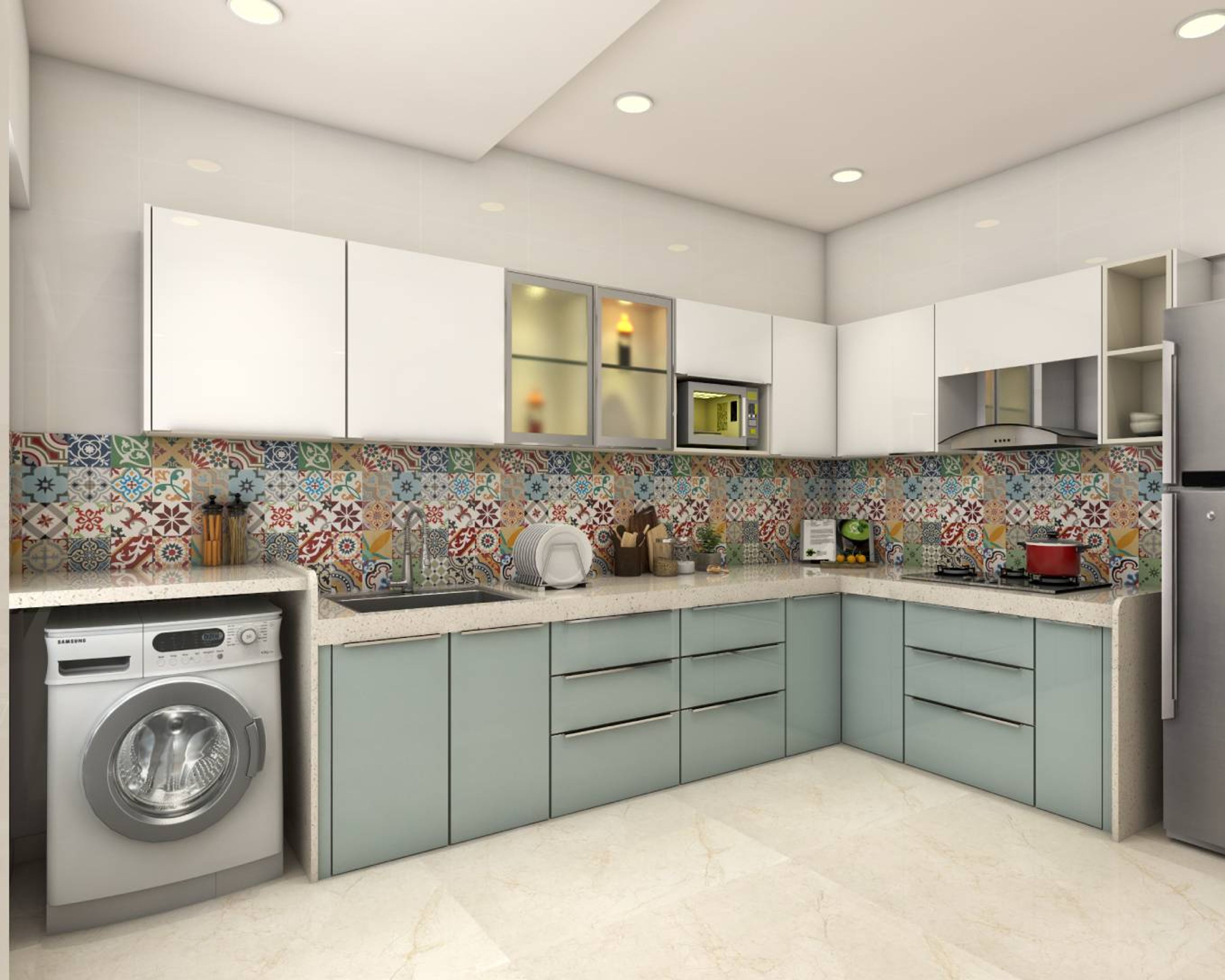 Contemporary L-Shaped Kitchen Design With Colourful Dado Tiles