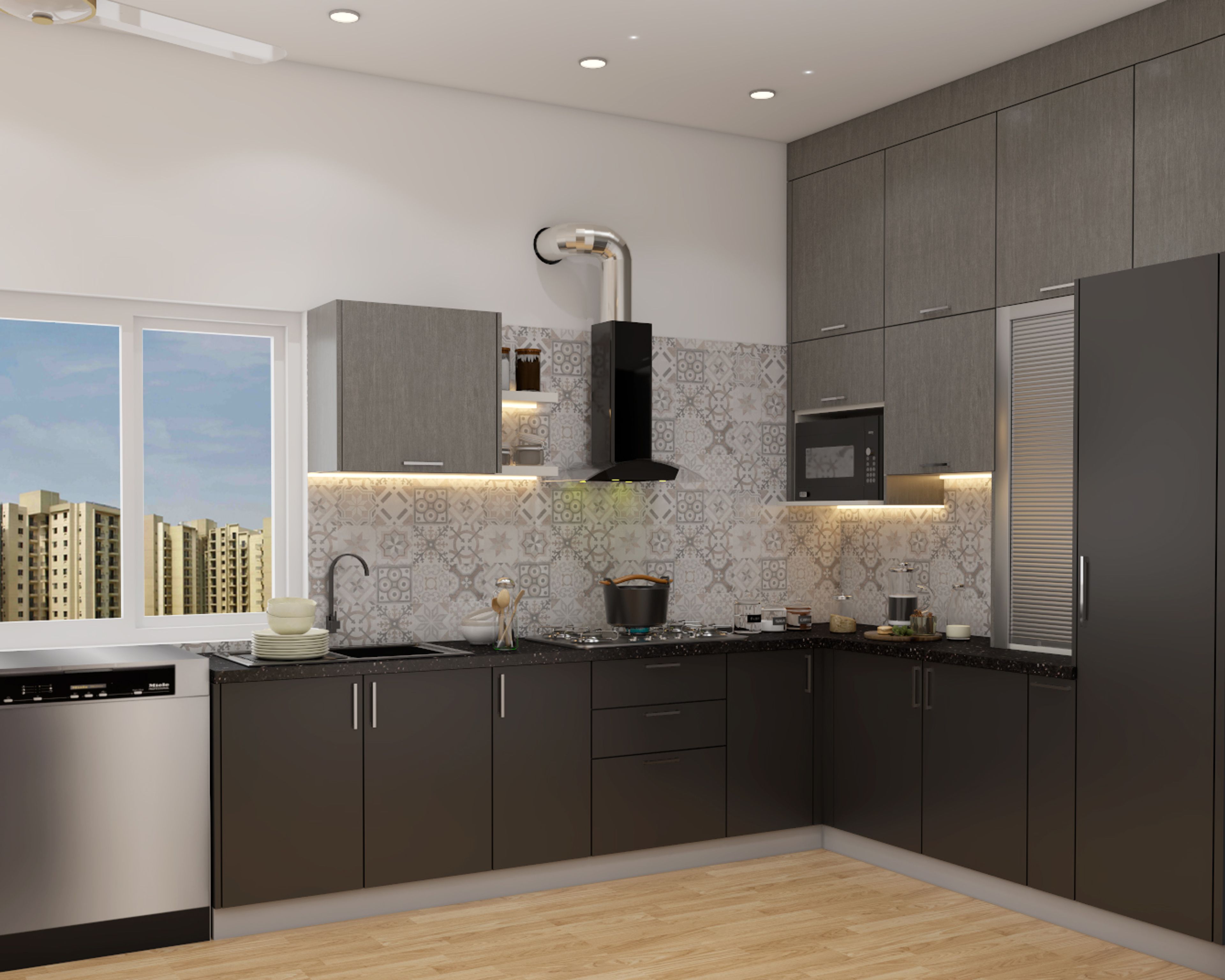 Modern L-Shaped Kitchen Design With Bright Cove Lighting
