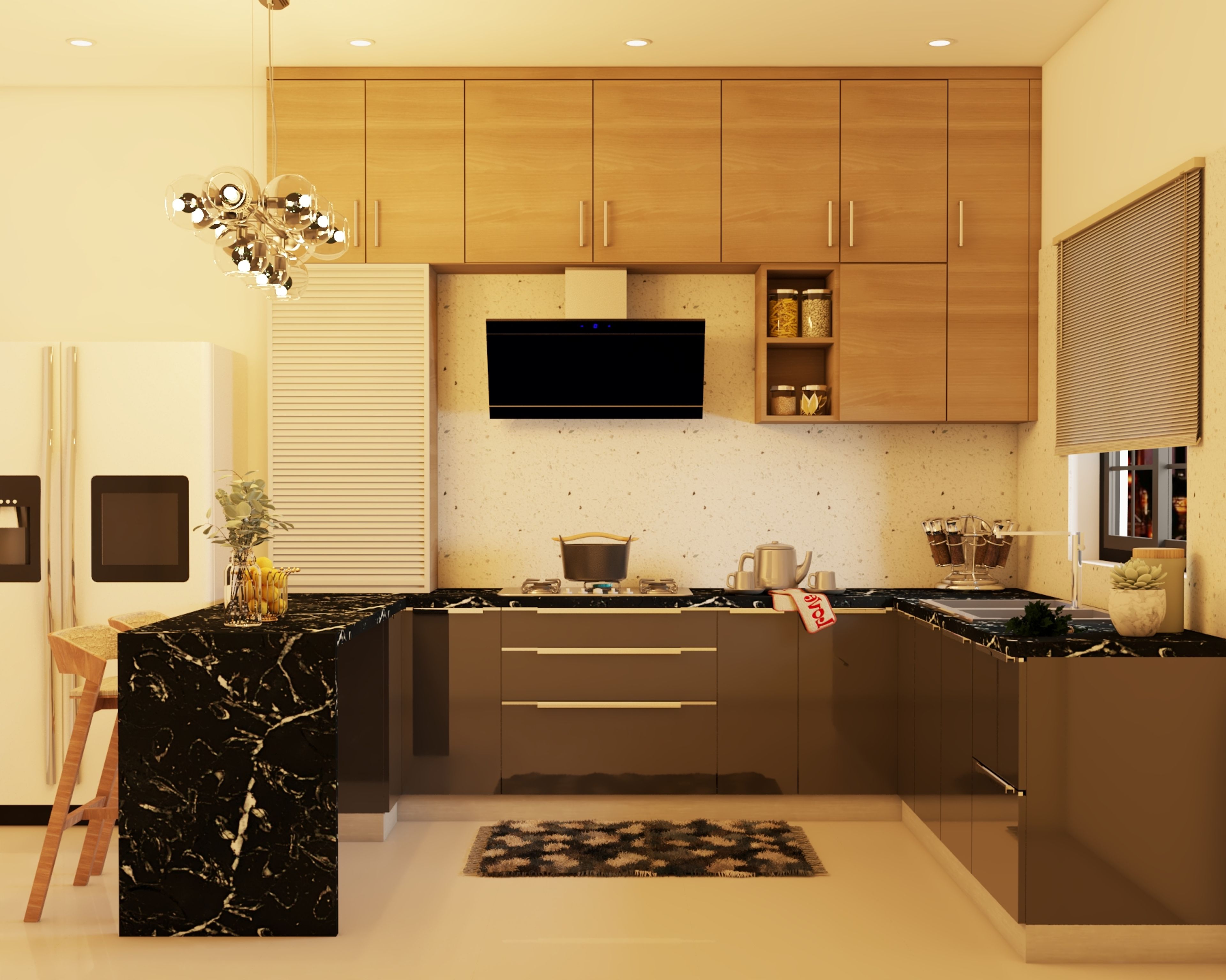 Modern U-Shaped Kitchen Design With A Black Granite Countertop