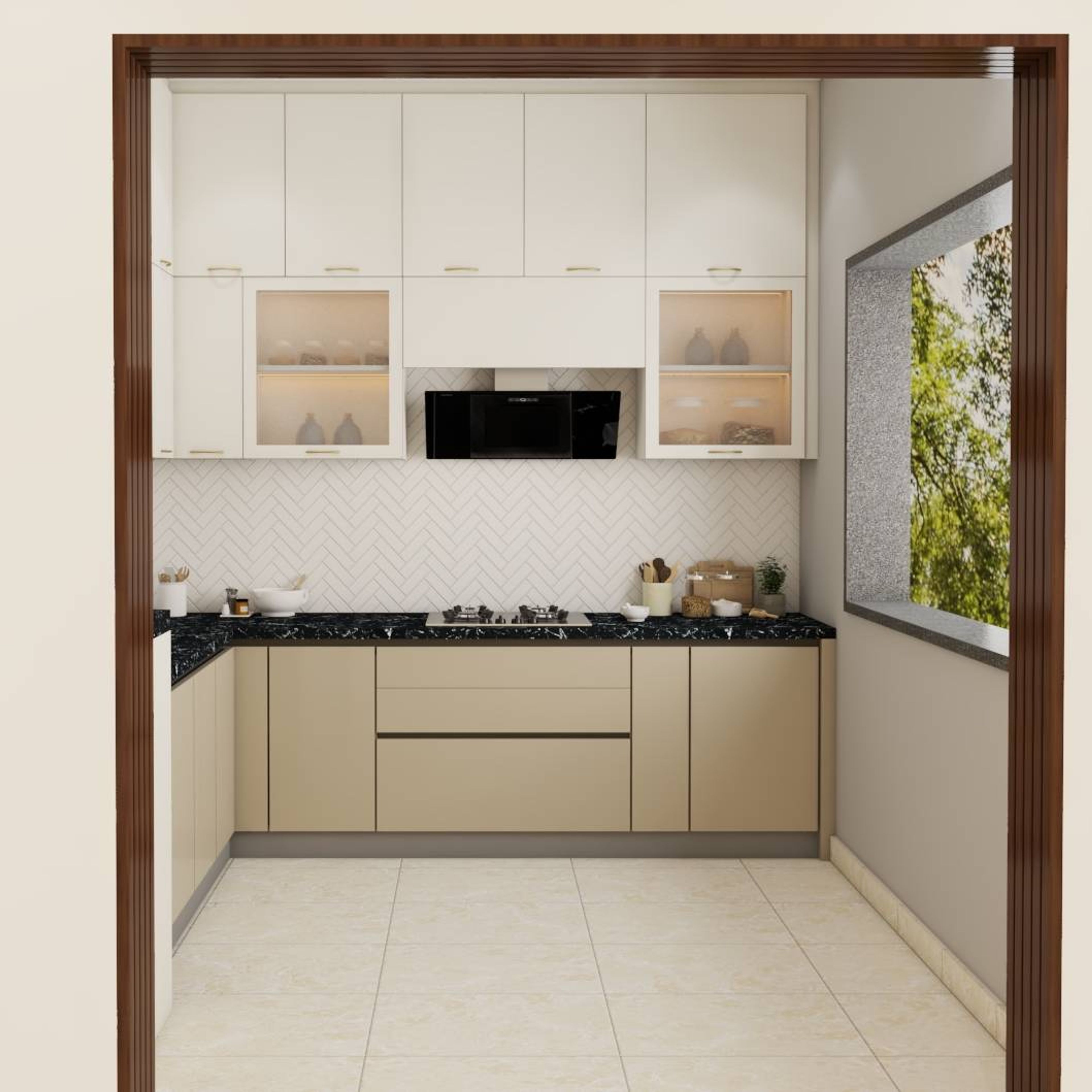 Modern L-Shaped Champagne And White Modular Kitchen Design