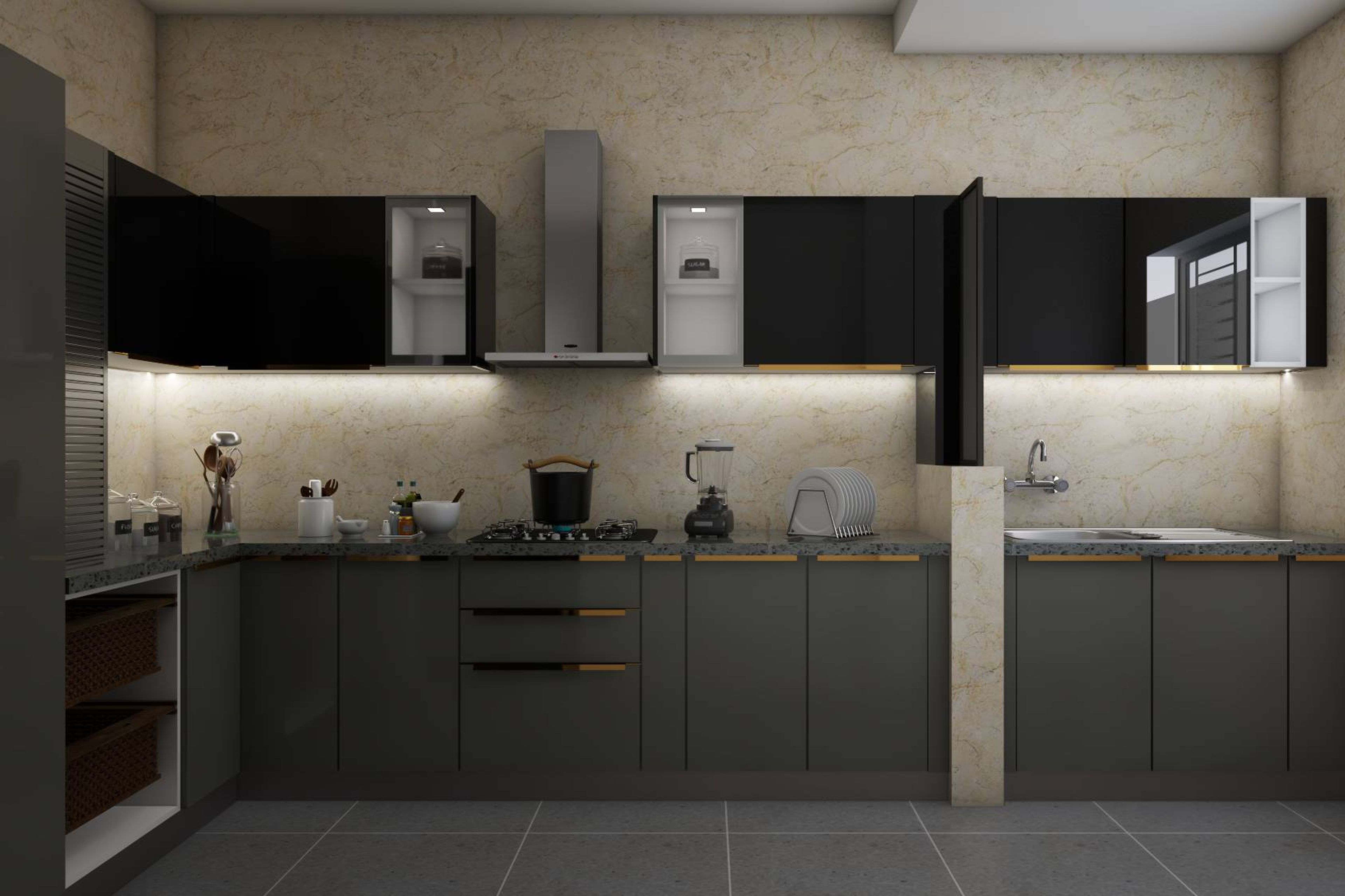 Spacious L-Shaped Dove Grey And Black Kitchen Design