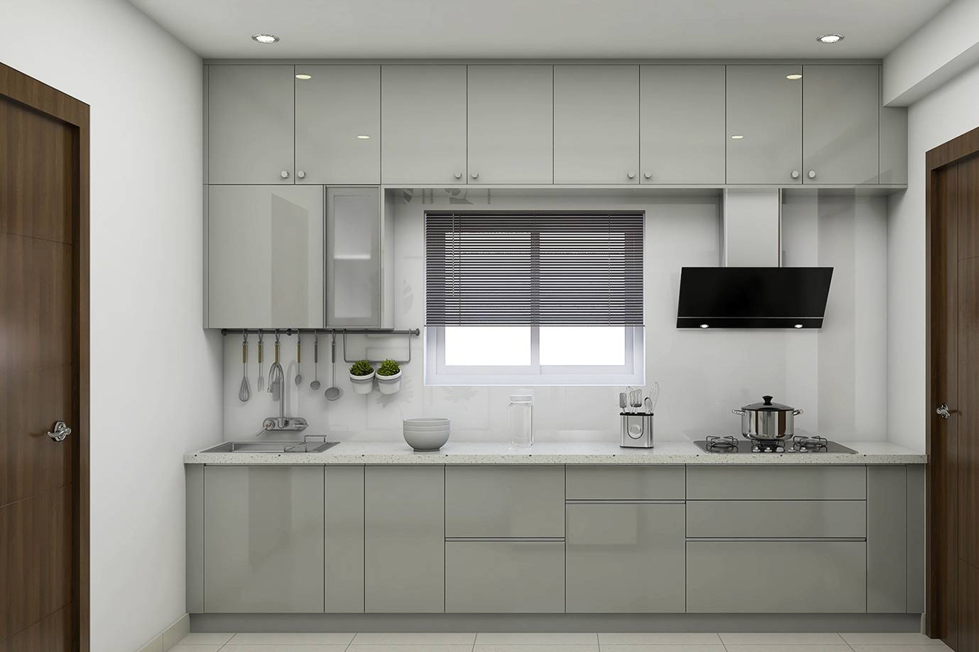 Modern Parallel Kitchen Design With Grey And White Cabinets
