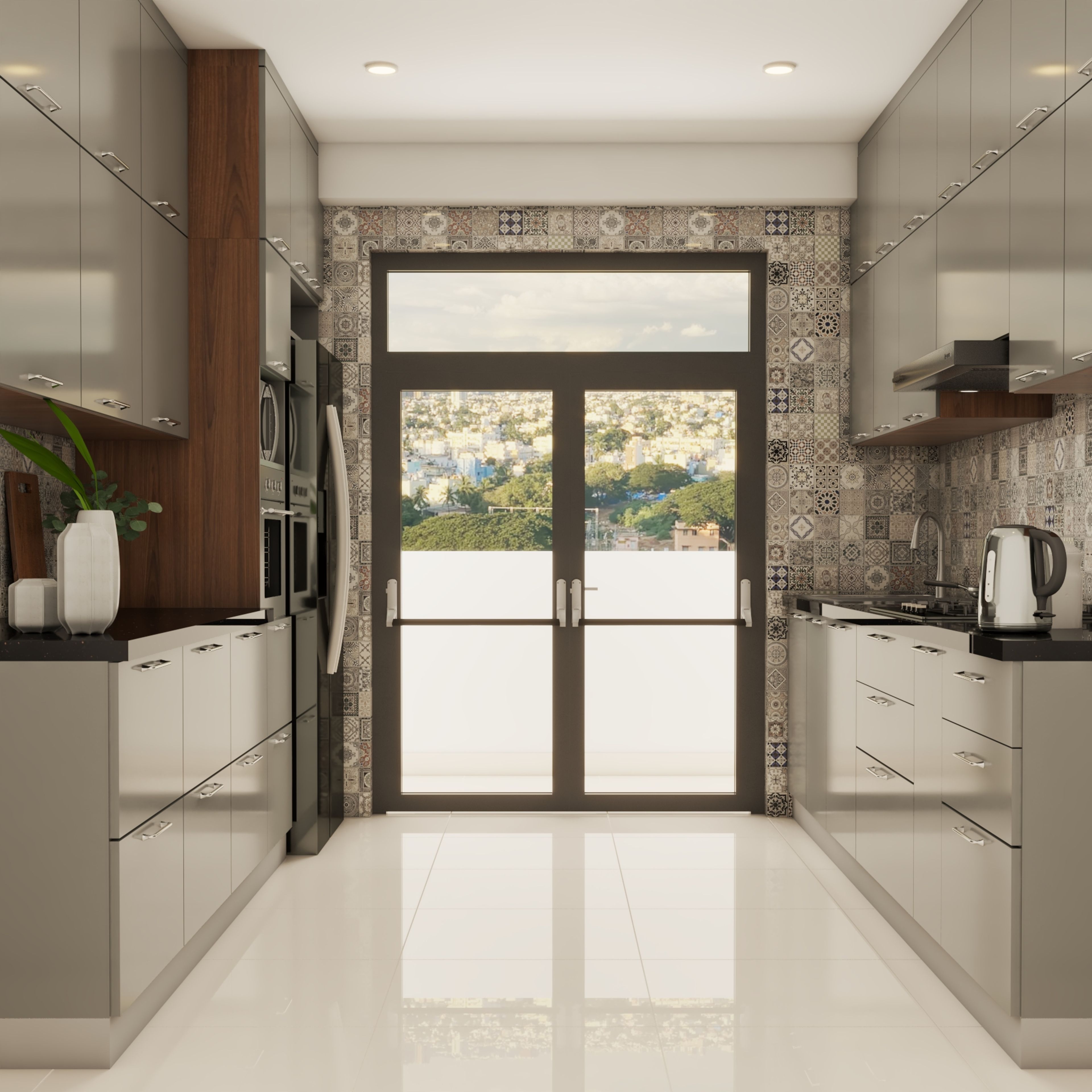 Modern Parallel Kitchen Design With Glossy Grey Cabinets And Lofts