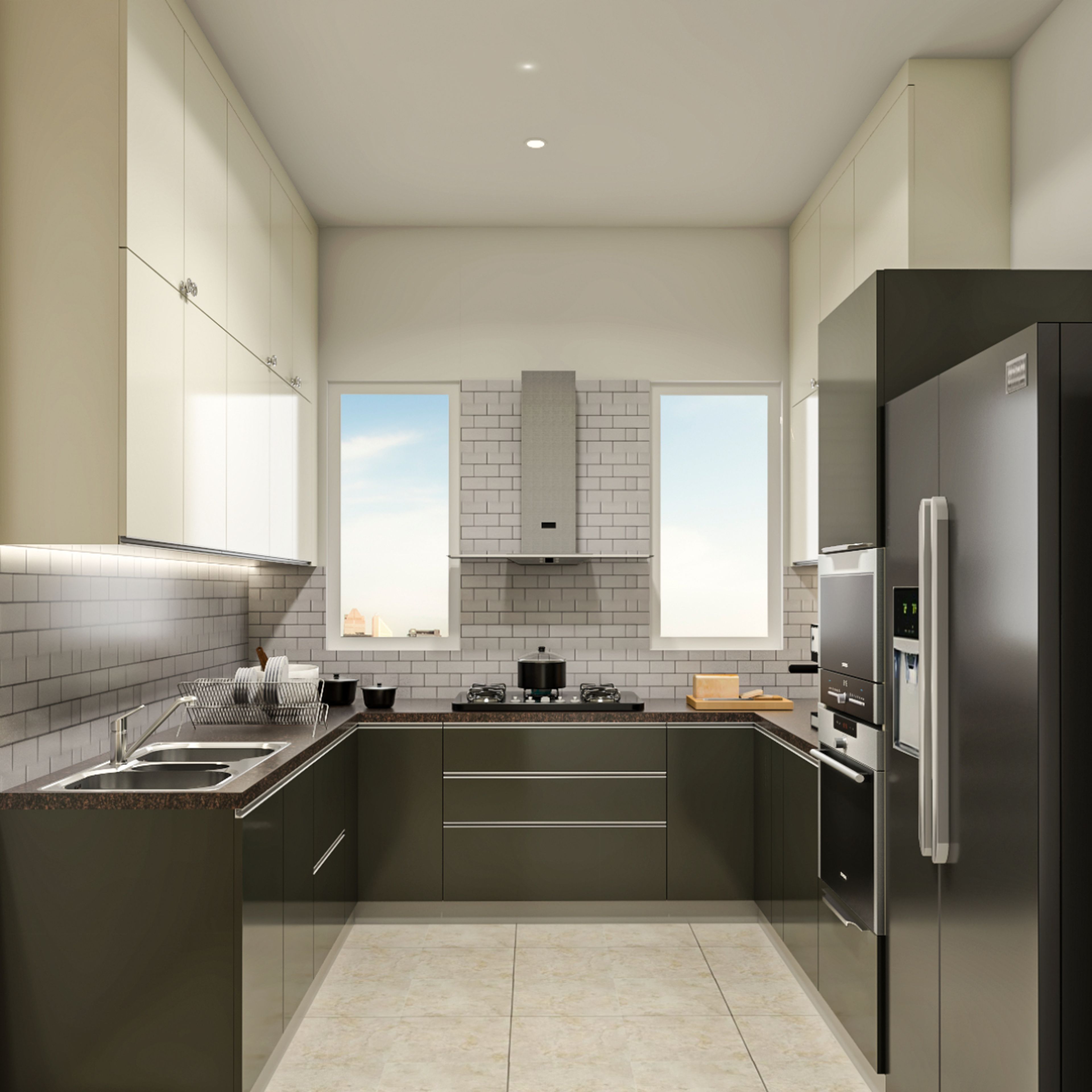 Modern U-Shaped Modular Kitchen Design In Dark Citrus And Champagne Tones