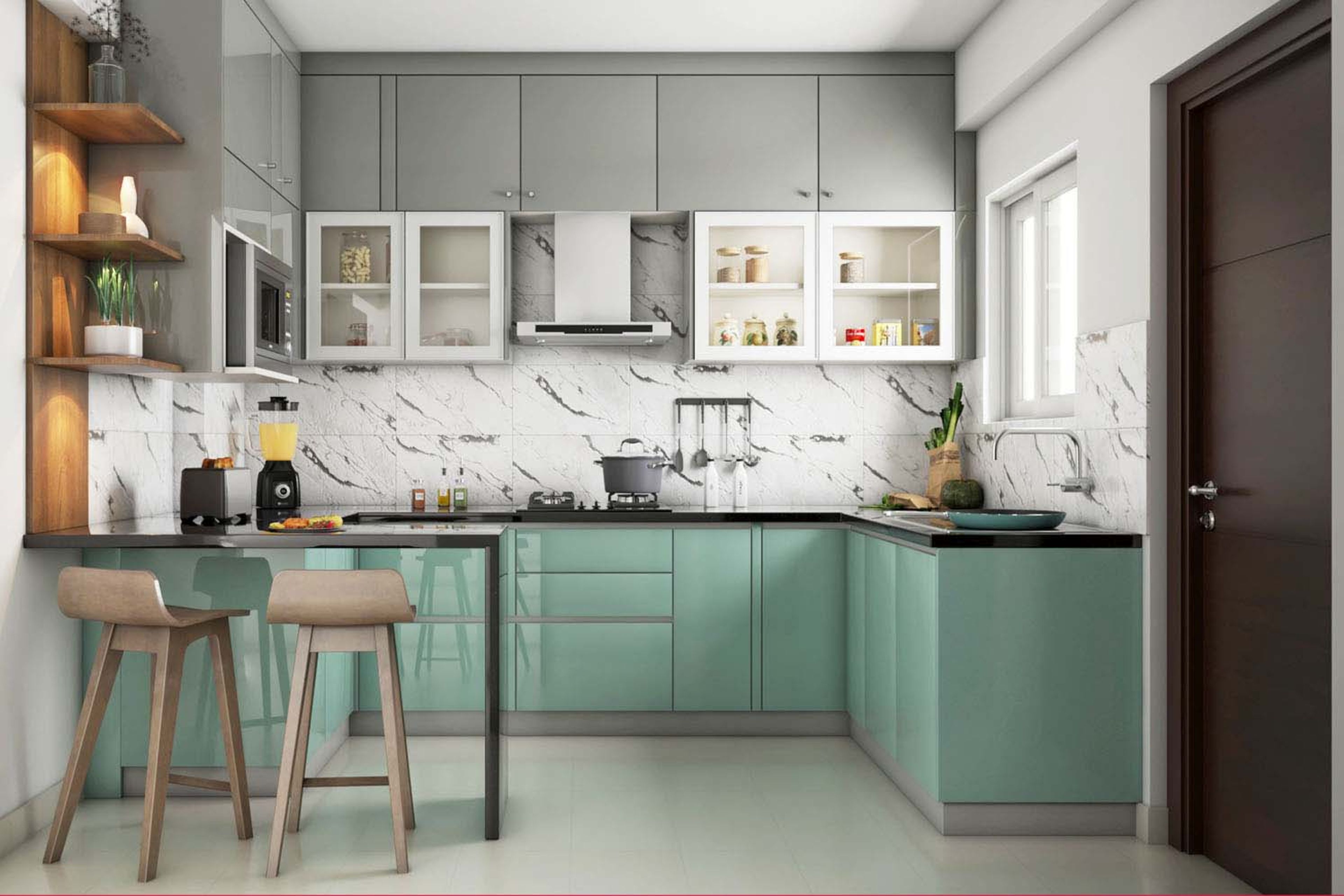 Modern Indian U-Shaped Green And Grey Kitchen Design