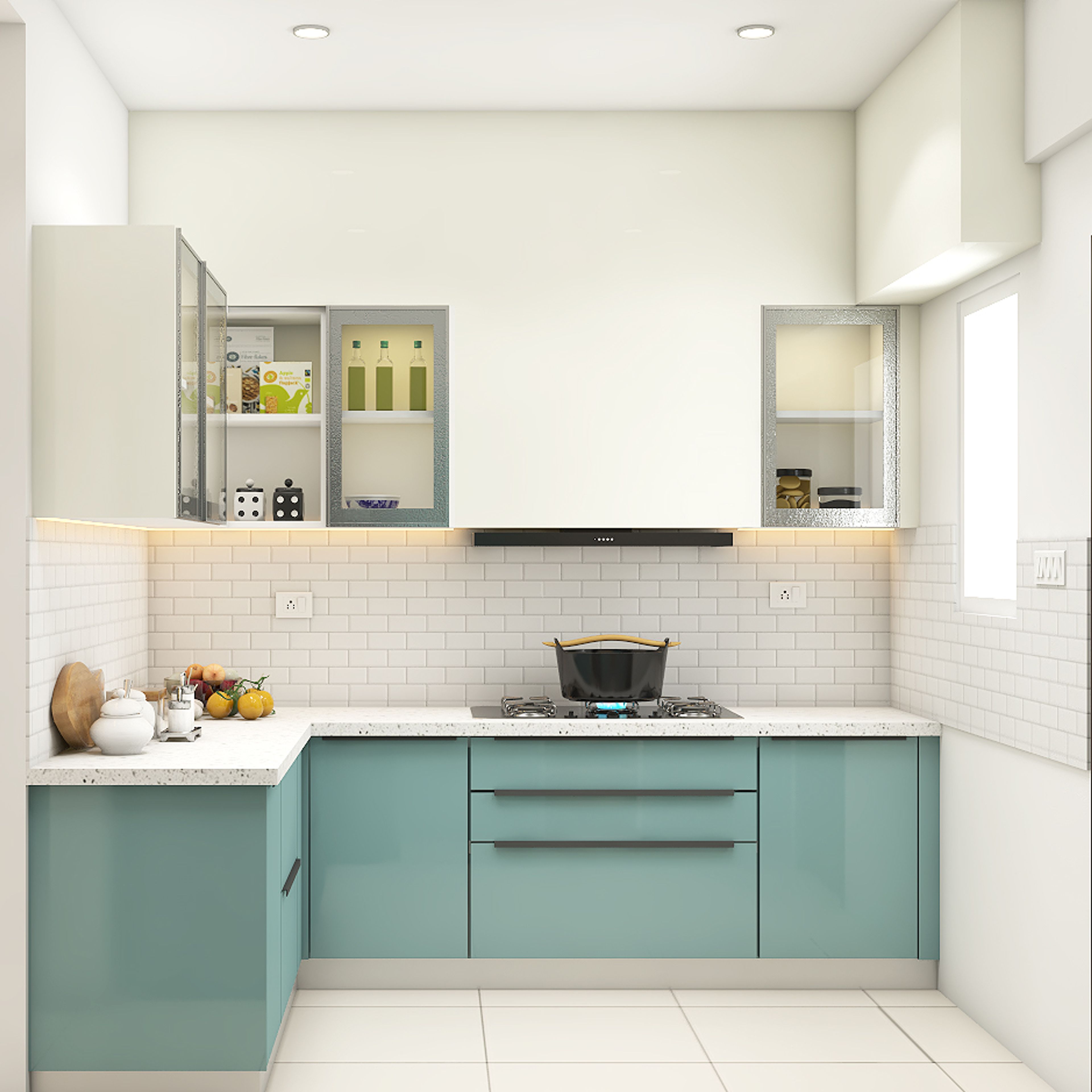 Modern Modular L-Shaped Kitchen Design With Blue And White Theme