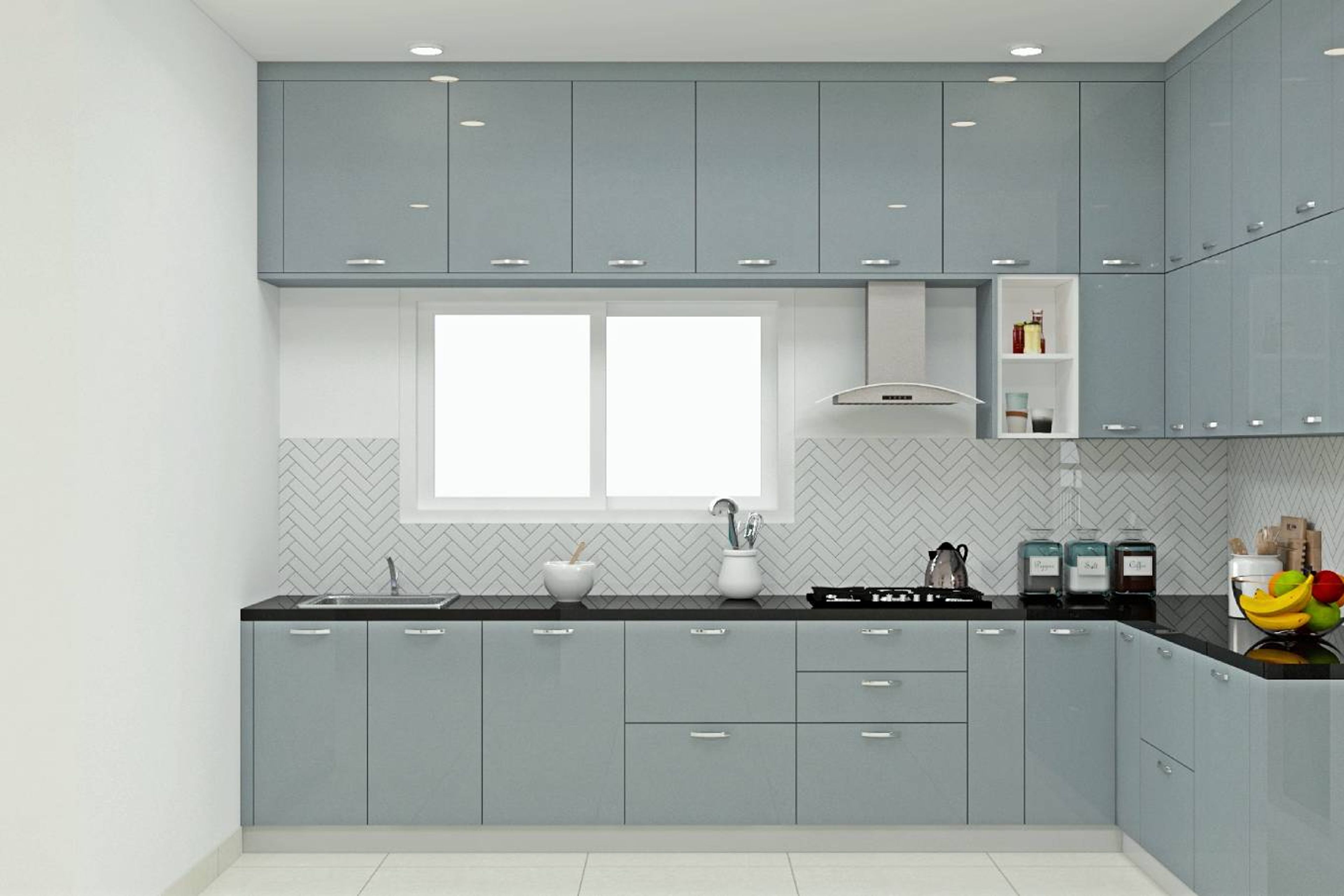 Contemporary L-Shaped Kitchen Design With A Granite Countertop