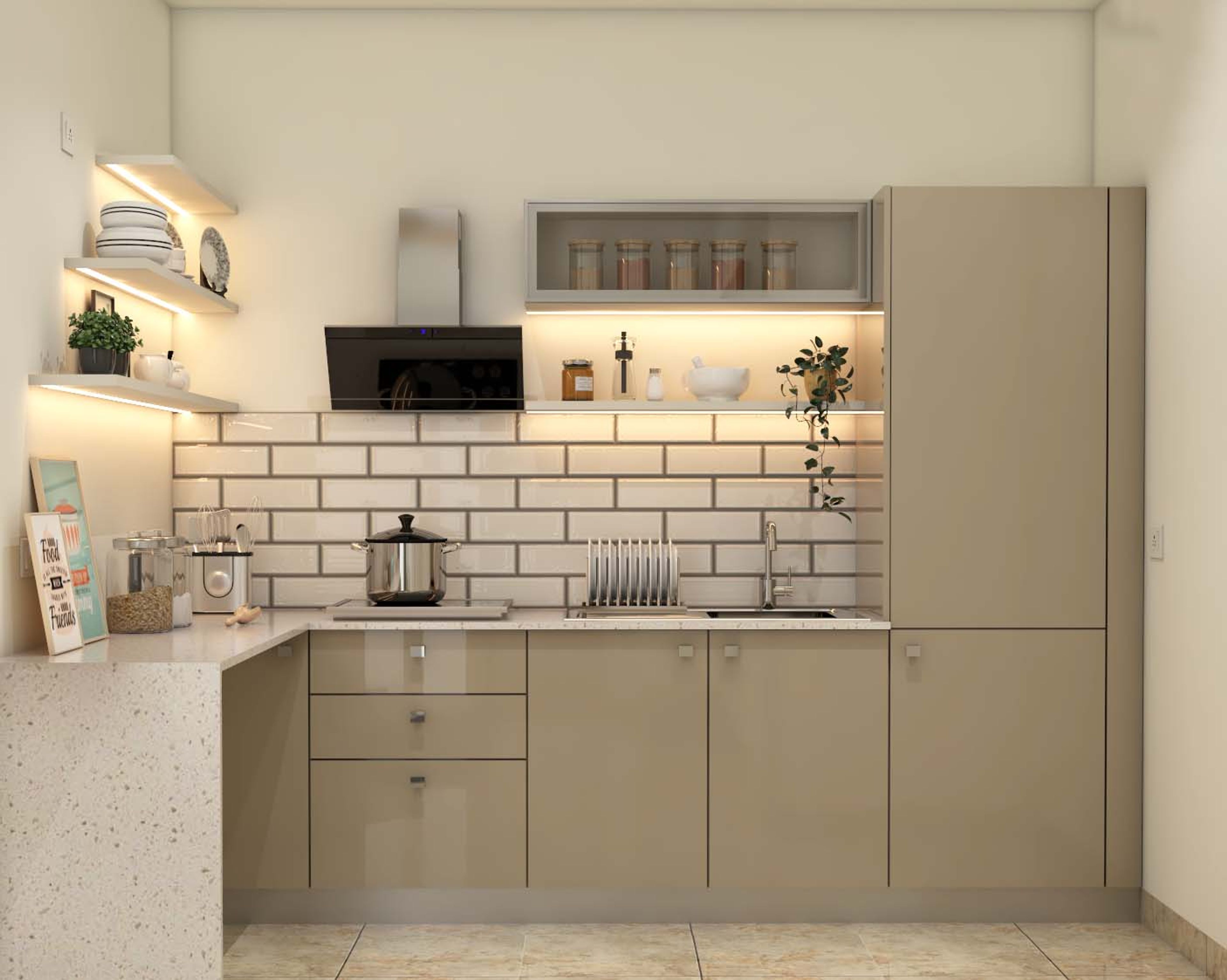 Modern Modular L-Shaped Kitchen Design In Metallic Beige